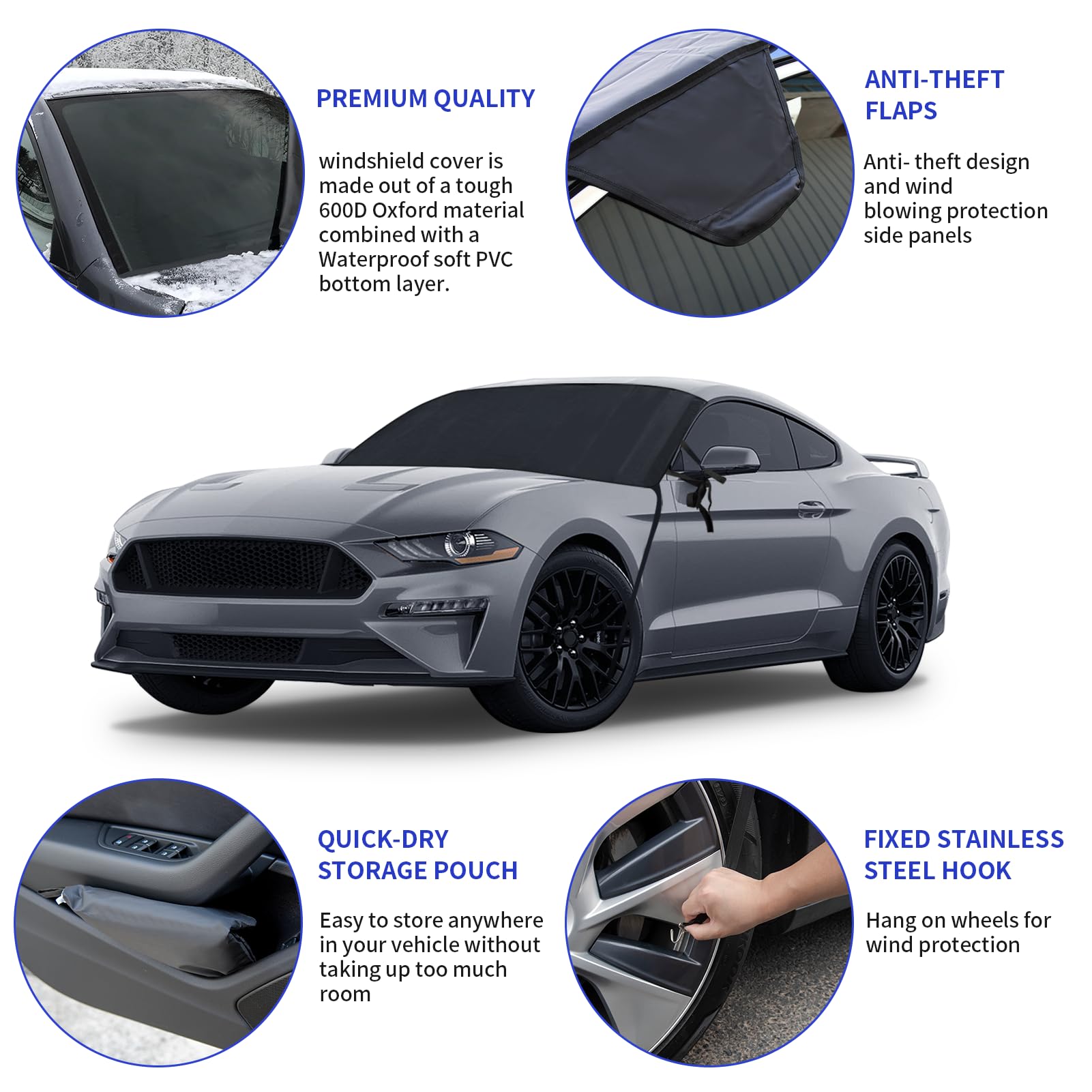 Custom Fit Mustang Windshield Snow Cover 1994-2024 - Waterproof 600D Oxford for Winter Protection