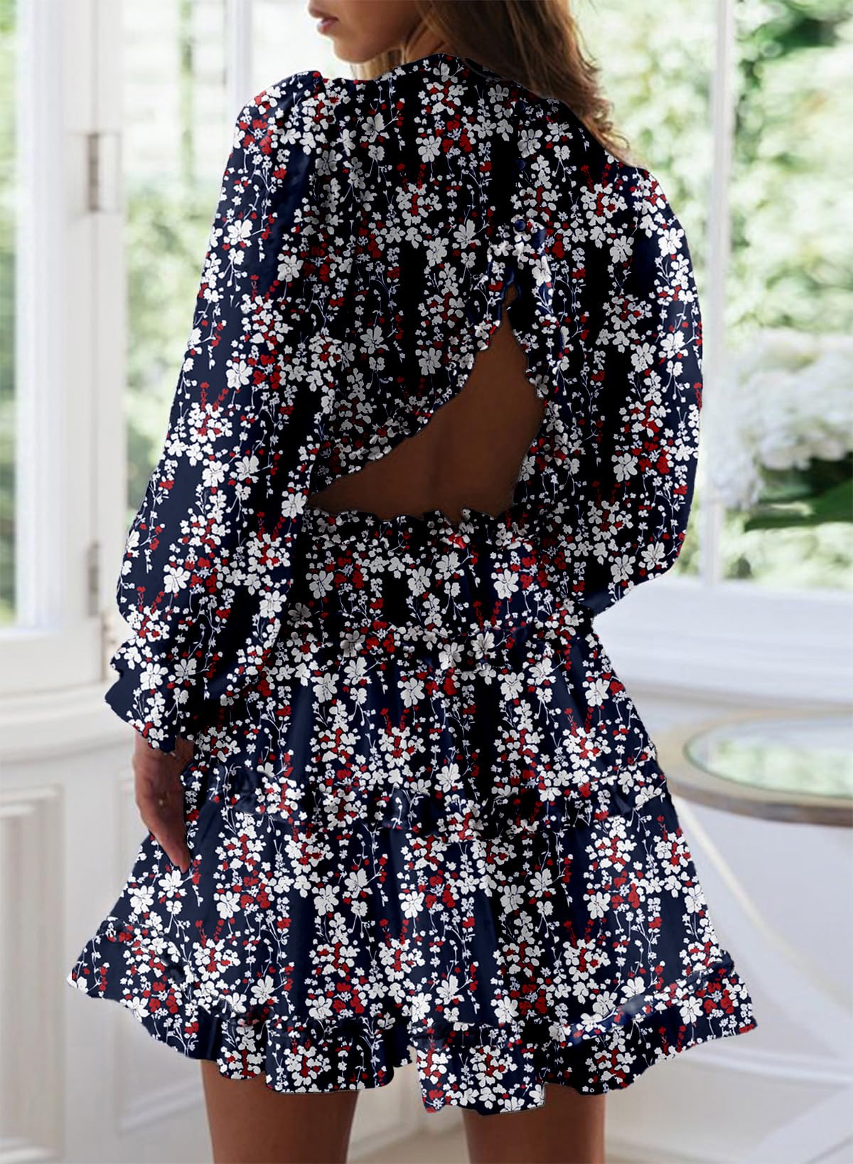 Dokotoo Women's Deep V Neck Long Sleeve Backless Floral Ruffle Mini Dress - Spring Summer 2025 Flowy Party Cocktail Dress for Date Night & Beach Vacation