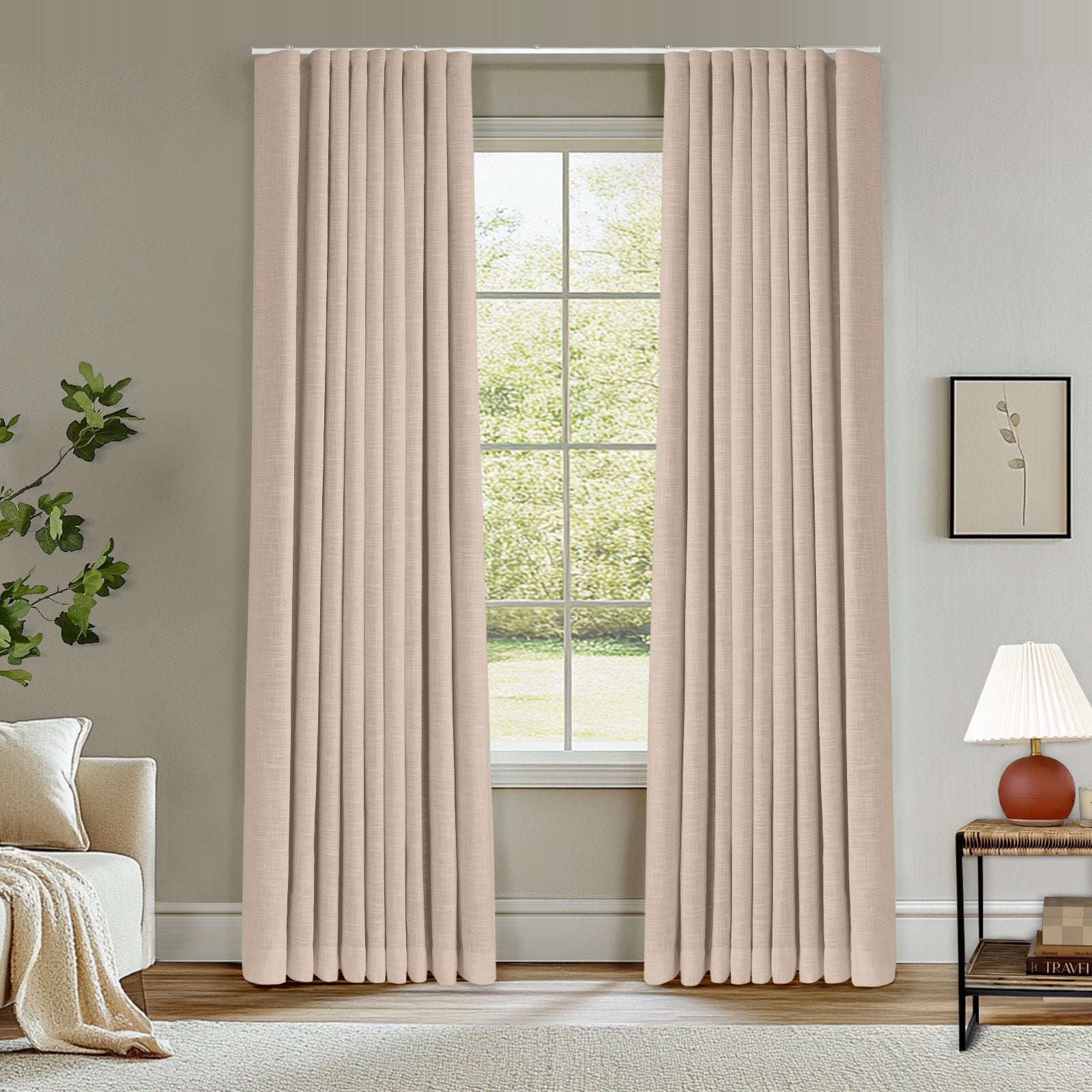 Custom Blackout Ripple Fold Lille Linen Curtains with Memory Trained Pleats - Thermal Insulated Ceiling Track Drapes in Orange Copper | Perfect for Living Room, Bedroom & Home Theater Light Control