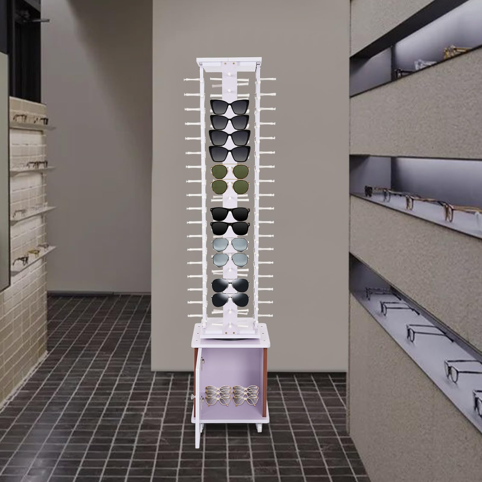360° Rotating Glasses Storage Display Stand with Cabinet & Wheels - Purple Sunglasses Retail Floor Display Organizer Holds 72 Pairs - Perfect for Eyewear Stores, Boutiques & Optical Shops