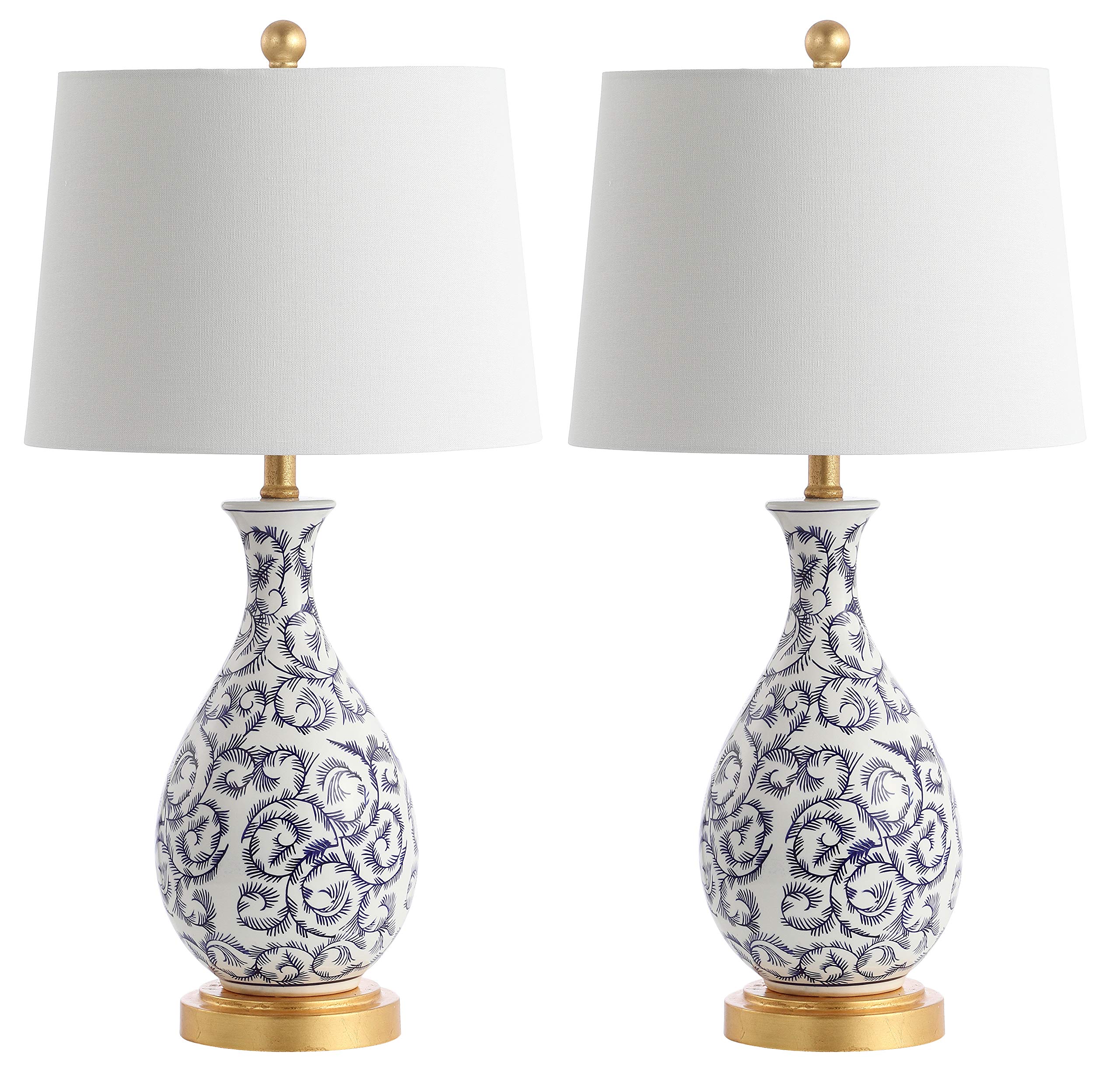 SAFAVIEH Avi Scroll 28-inch Table Lamp Set of 2 - Blue & White Modern LED Desk Lamp for Bedroom, Living Room, Home Office & Nightstand - Energy Efficient Lighting with Included LED Bulbs for Cozy Ambience & Task Lighting