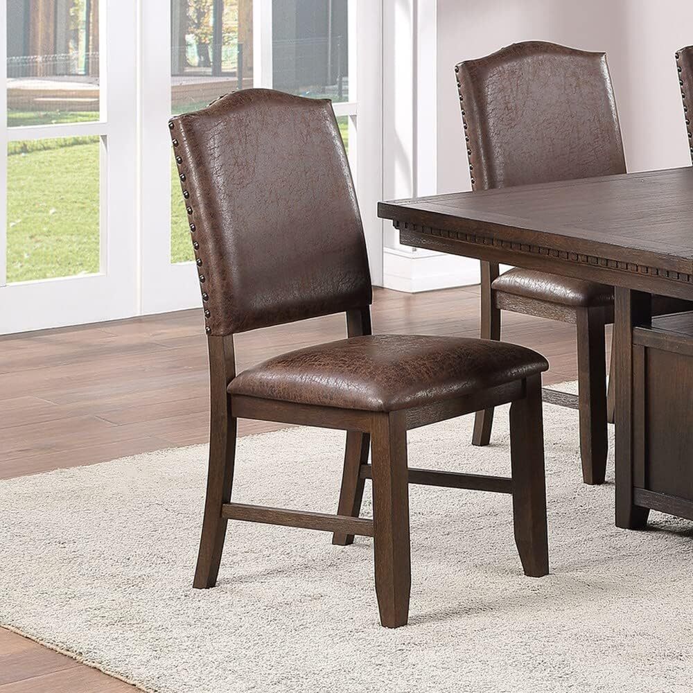 Set of 2 Classic Brown Faux Leather Dining Chairs with Rustic Espresso Finish & Foam Cushion - Rubber Wood Frame - Perfect for Kitchen, Dining Room or Home Office Seating