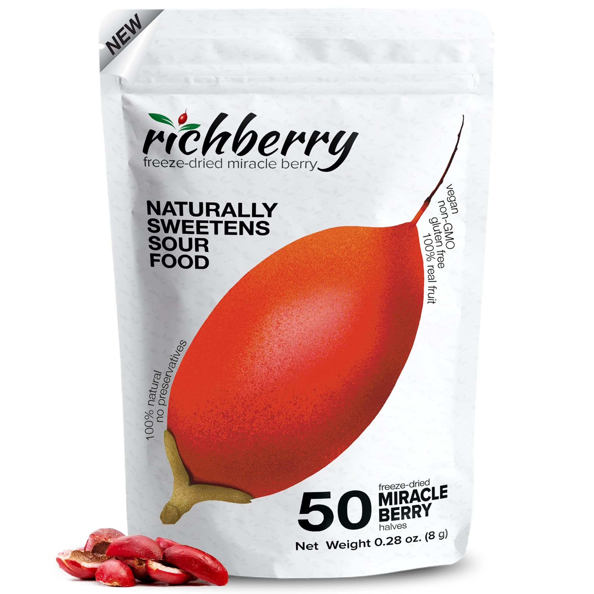 Richberry Miracle Berry Freeze Dried Fruit - 50 Halves | 100% Natural Sour Taste Modifier | No Preservatives, Vegan & Gluten-Free | Perfect for Taste Tripping, Healthy Snacks & Enhancing Sour Foods (Lemons, Grapefruit, Vinegar)