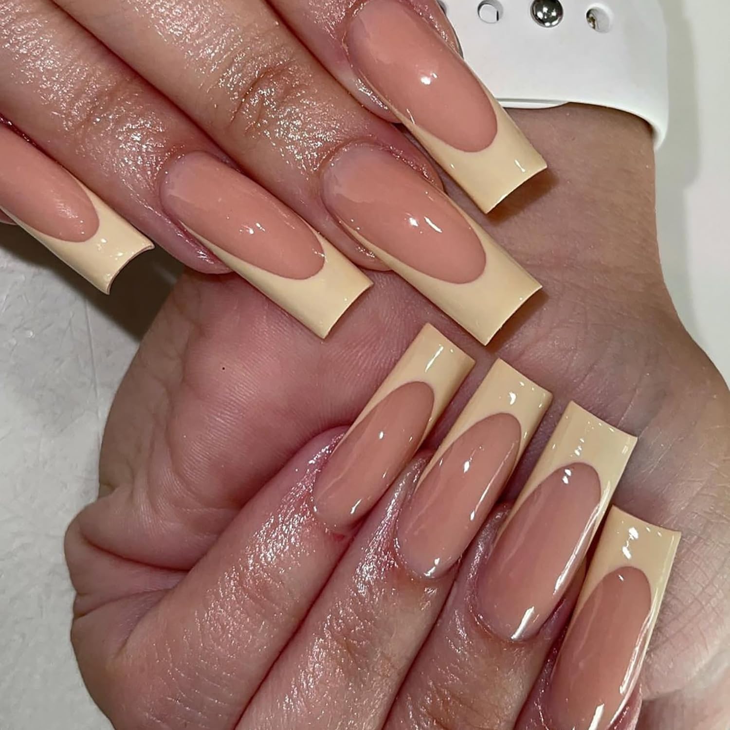 24Pcs French Tip Press On Nails - Extra Long Coffin Fake Nails with Nude Pink & Yellow Tips | Glossy Acrylic Artificial Nails for Women | Perfect for Summer, Parties, Weddings & Special Occasions