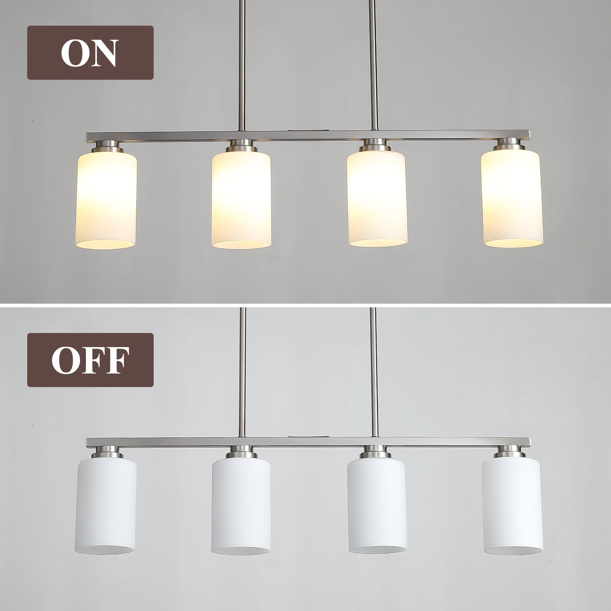 Brushed Nickel 4-Light Linear Chandelier Pendant Lighting with Milk Glass Shade - Modern Island Light Fixture for Kitchen, Dining Room & Living Room - Perfect Over Table, Kitchen Island & Dining Table Areas