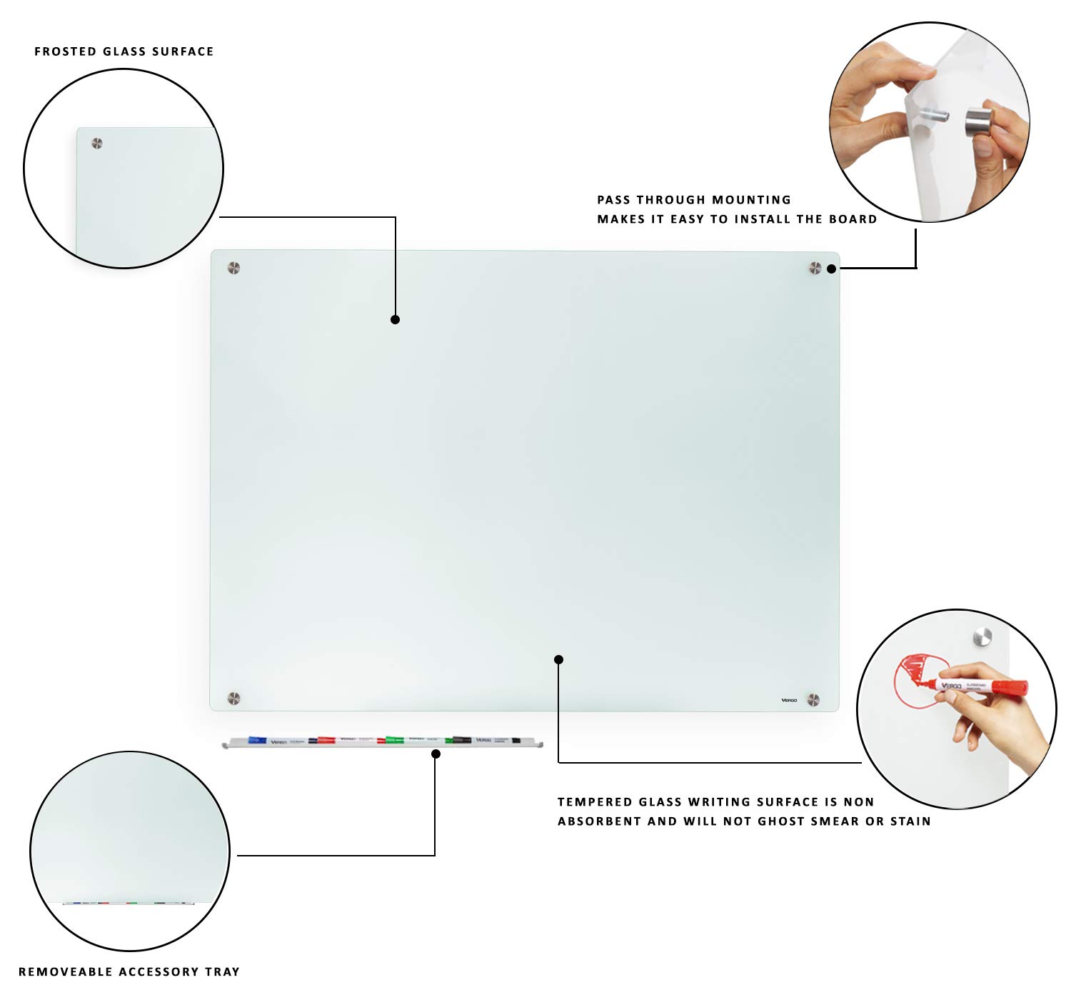 Vergo 4' x 3' Frosted Glass Dry Erase Whiteboard - Wall Mounted Glass White Board for Office, Classroom & Home Use - Durable Frameless Design for Meetings & Presentations
