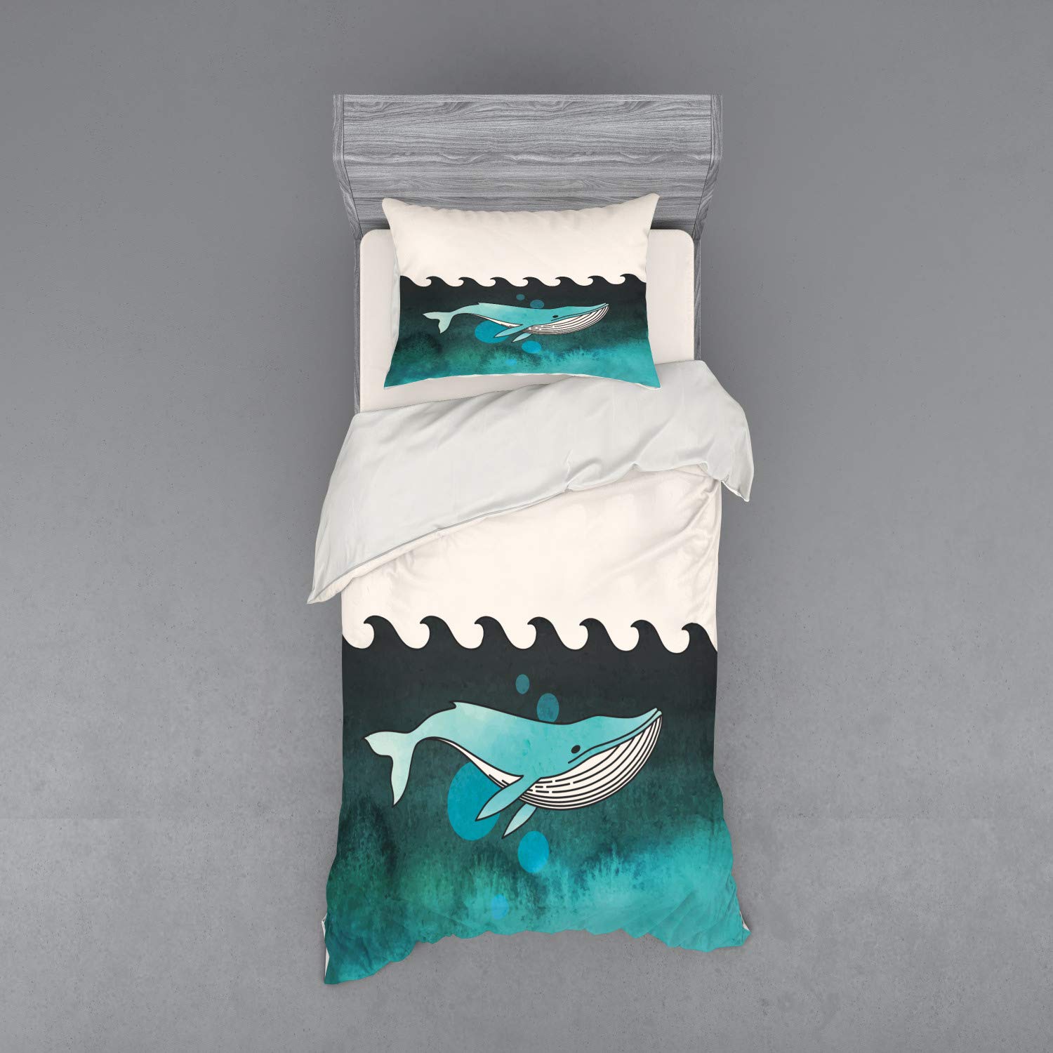 Ambesonne Whale Duvet Cover Set - 3 Piece Ocean Theme Bedding with Sham & Fitted Sheet, Twin XL Size, Blue Green Whale Swimming Underwater with Palm Island & Wooden Skull Design - Perfect for Kids' Rooms, Beach Themed Decor & Nautical Bedroom Makeovers
