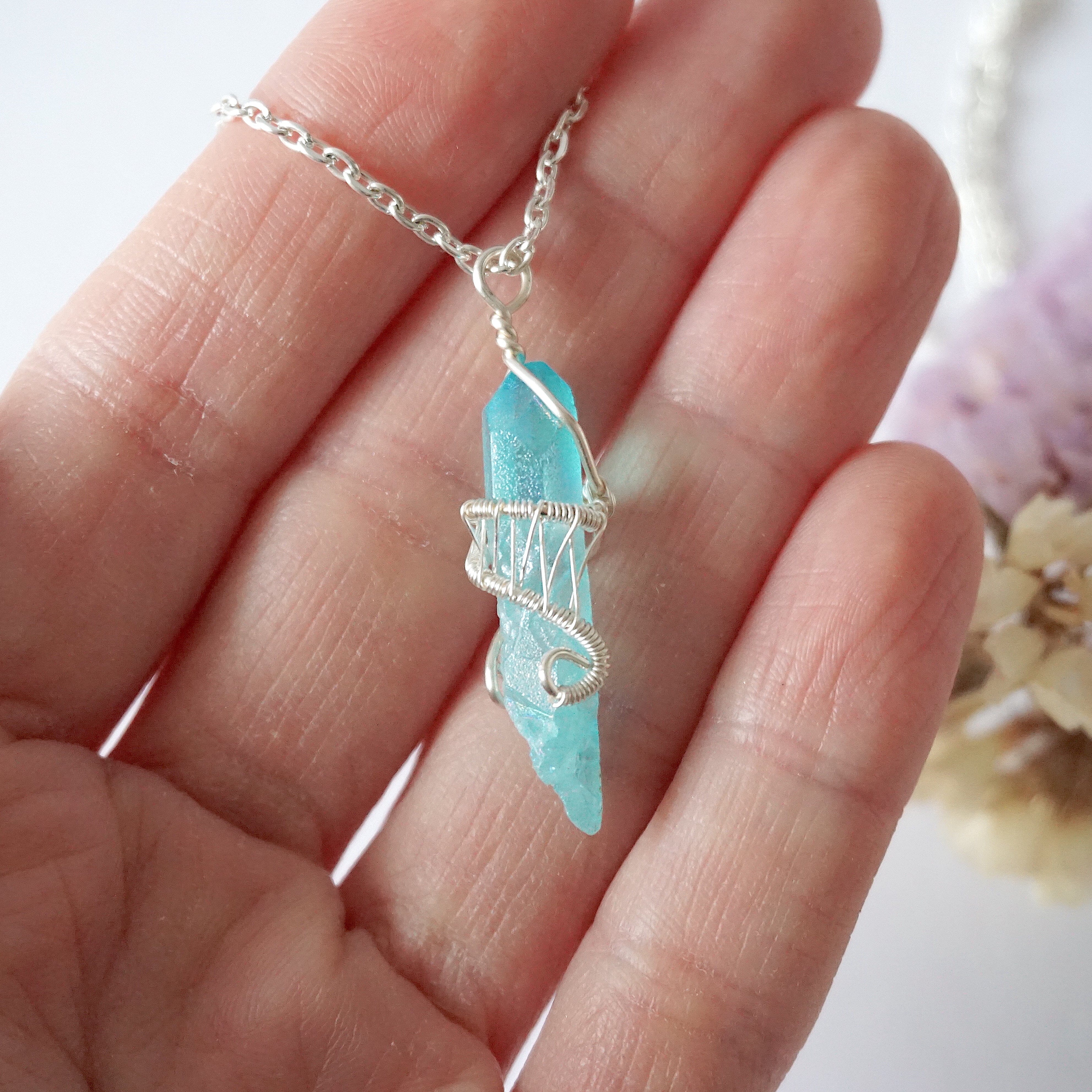 Aqua Aura Quartz Necklace - Silver Plated Crystal Point Charm Pendant for Women | Spiritual Healing, Meditation & Energy Jewelry Gift