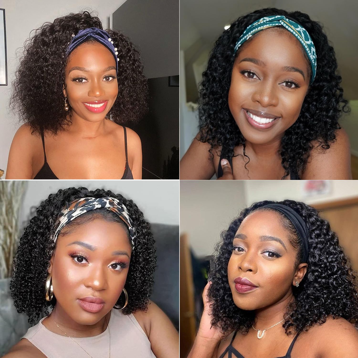 Deep Wave Headband Wig 12 Inch Human Hair - Glueless No Lace Front Brazilian Virgin Hair Wig for Black Women (150% Density, Natural Black) - Perfect for Daily Wear, Parties & Protective Styling