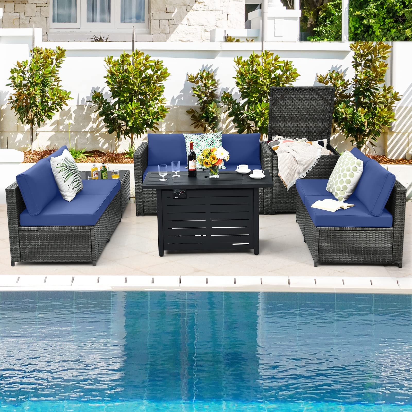 8-Piece Outdoor Patio Furniture Set - PE Rattan Conversation Sofa with Coffee Table, Cushions & Storage Box - Durable Wicker Sectional Set for Garden, Backyard, Poolside & Outdoor Entertaining