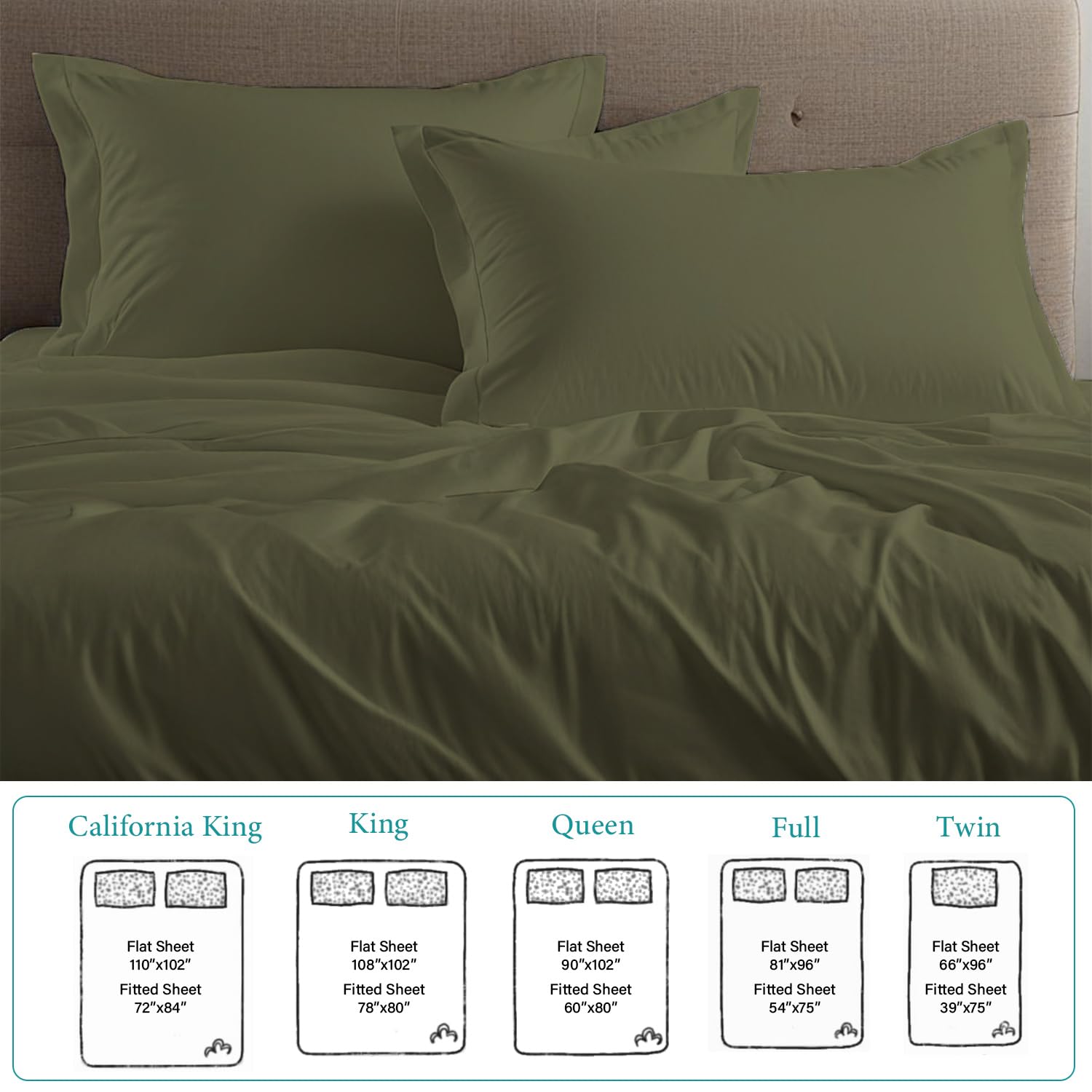 Bunny's Home Sage Twin Sheet Set - 4 Piece Breathable Egyptian Cotton Bedding Set with 17