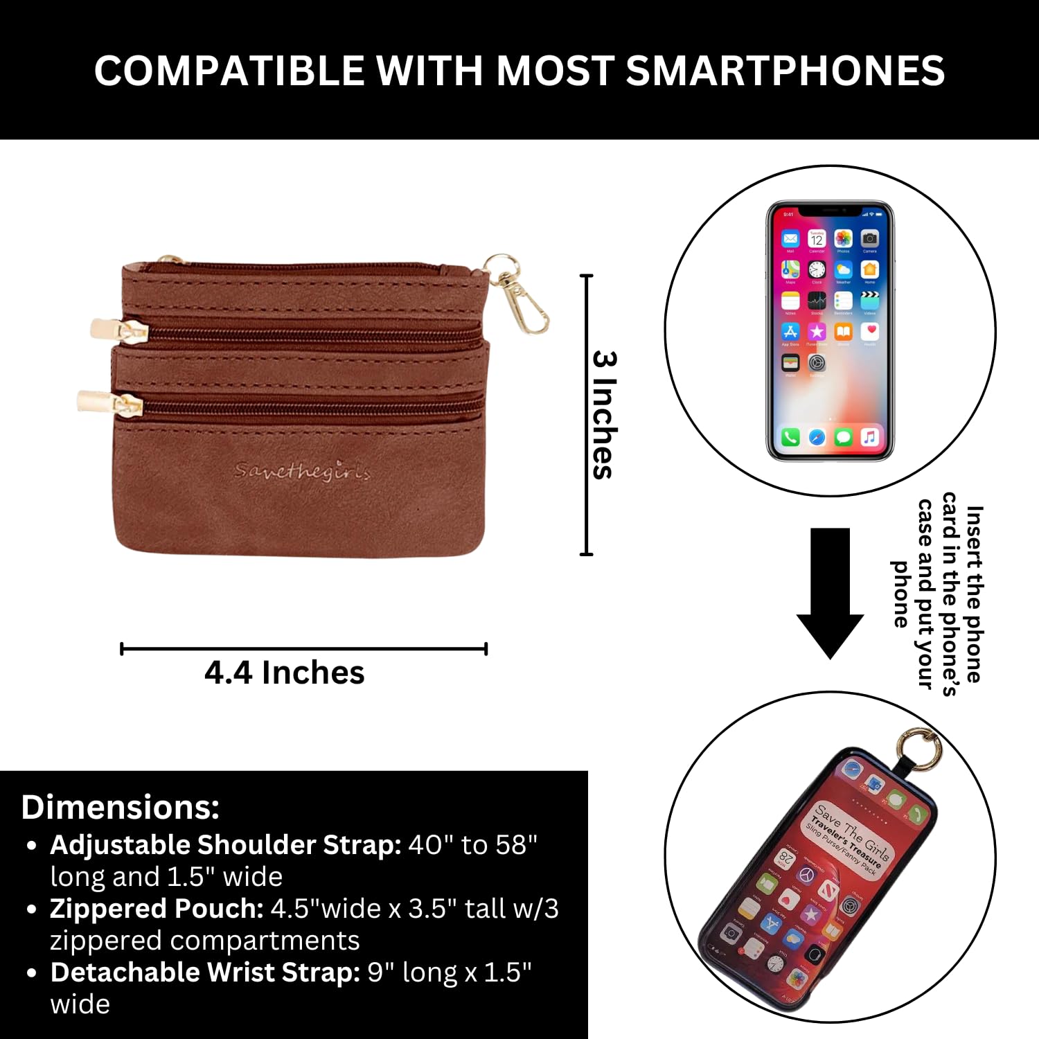 Original Clip and Go Phone Strap with Zipper Wallet Pouch - Crossbody Phone Lanyard in Stripe Copper/Silver/White - Perfect for Travel, Shopping, and Everyday Convenience