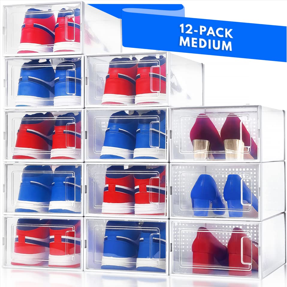 12-Pack Clear Plastic Stackable Shoe Storage Boxes with Lids - Organize Sneakers & Shoes in Closet | Durable Shoe Containers for Home, Office & Travel Organization