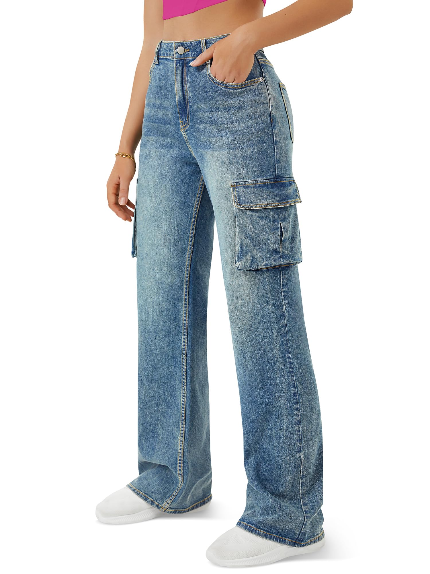 Women's High Waisted Cargo Jeans with 6 Pockets - Straight Wide Leg Baggy Pants for Casual Wear | Perfect for Street Style, Outdoor Adventures & Everyday Comfort