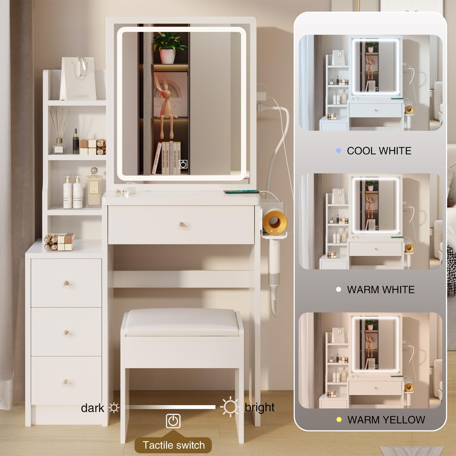 HOUAGI White Makeup Vanity Desk with Mirror & Lights for Small Bedroom - Perfect Dressing Table Set