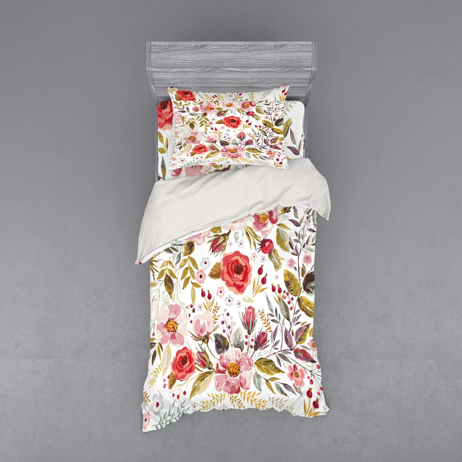 Vintage Floral Bedding Set - Hand Drawn Romantic Flowers & Leaves Duvet Cover 3-Piece Set with Sham & Fitted Sheet, Twin Size, Pale Pink Red Cream - Perfect for Boho Bedroom Decor & Guest Room Styling