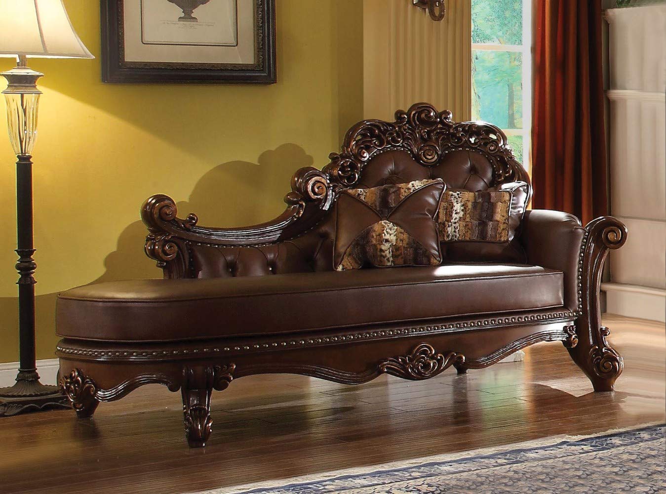 Benjara Benzara Brown Wooden Chaise Lounge with Pillows - Comfortable Outdoor/Indoor Patio Furniture for Living Room, Garden, Poolside Relaxation