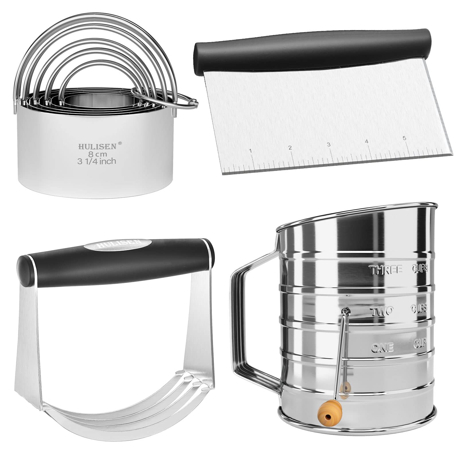 HULISEN 4-Piece Stainless Steel Pastry Cutter Set - Dough Blender, Flour Sifter & Biscuit Cutter - Professional Baking Tools for Cookies, Pies, Donuts & Pastries - Perfect for Home Bakers & Commercial Kitchens