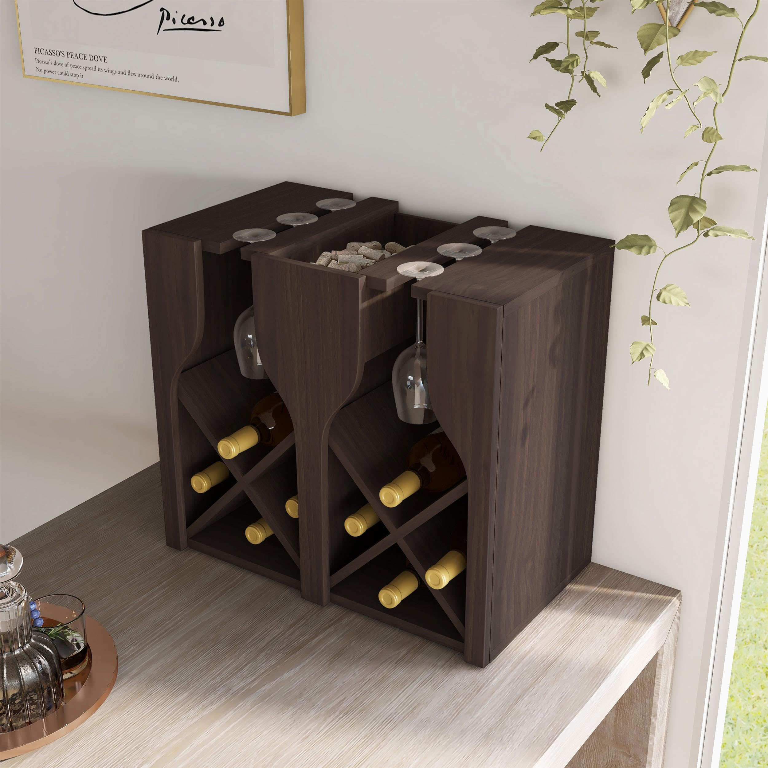 Furniture of America Sacha Wood 8-Bottle Hanging Wine Rack in Brown Wenge - Space-Saving Wall Mounted Wine Storage for Kitchen, Dining Room, or Bar Decor