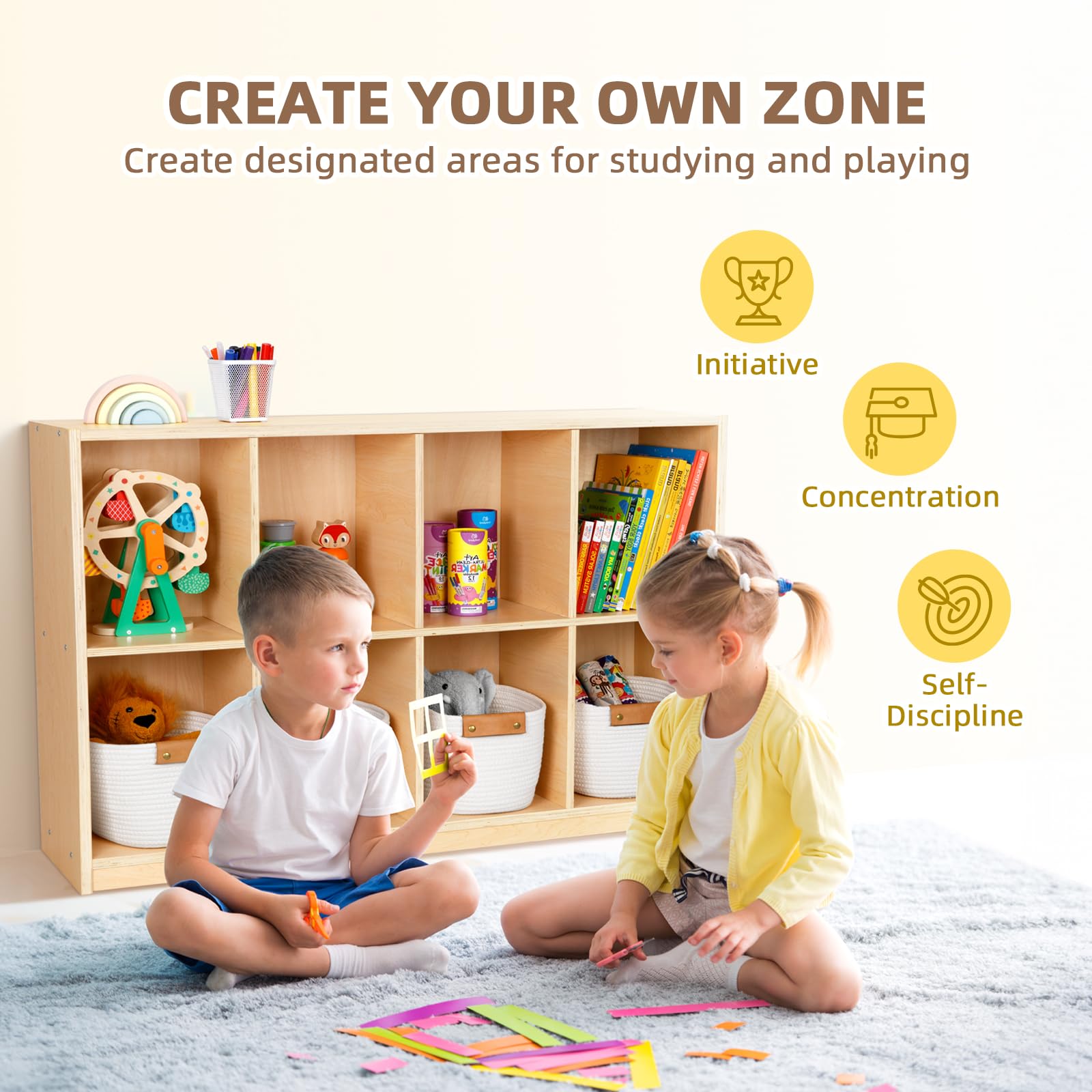 8-Compartment Wooden Storage Cabinet Backpack - Kids Toy Organizer & Bookshelf for Classroom, Playroom, Kindergarten, Living Room, Office - Perfect for Home Organization and Child-Friendly Storage Solutions