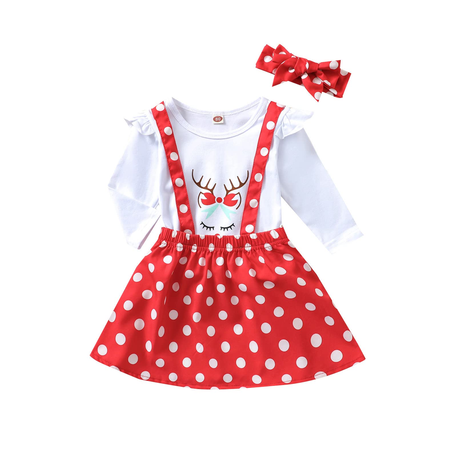 Girls Christmas Outfit Set - Long Sleeve Deer Print Top & Plaid Dot Cartoon Suspenders Skirt with Headband | Holiday Party, Family Photos, School Play Costume