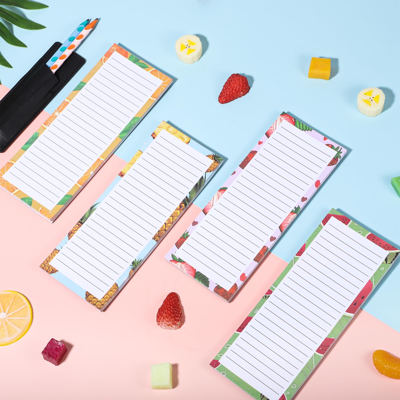 4 Pack Magnetic Notepad for Refrigerator with Pen Holder - 200 Sheets Grocery Shopping List Memo Pad, Fruit Design - Perfect for Kitchen Organization & Fridge Reminders