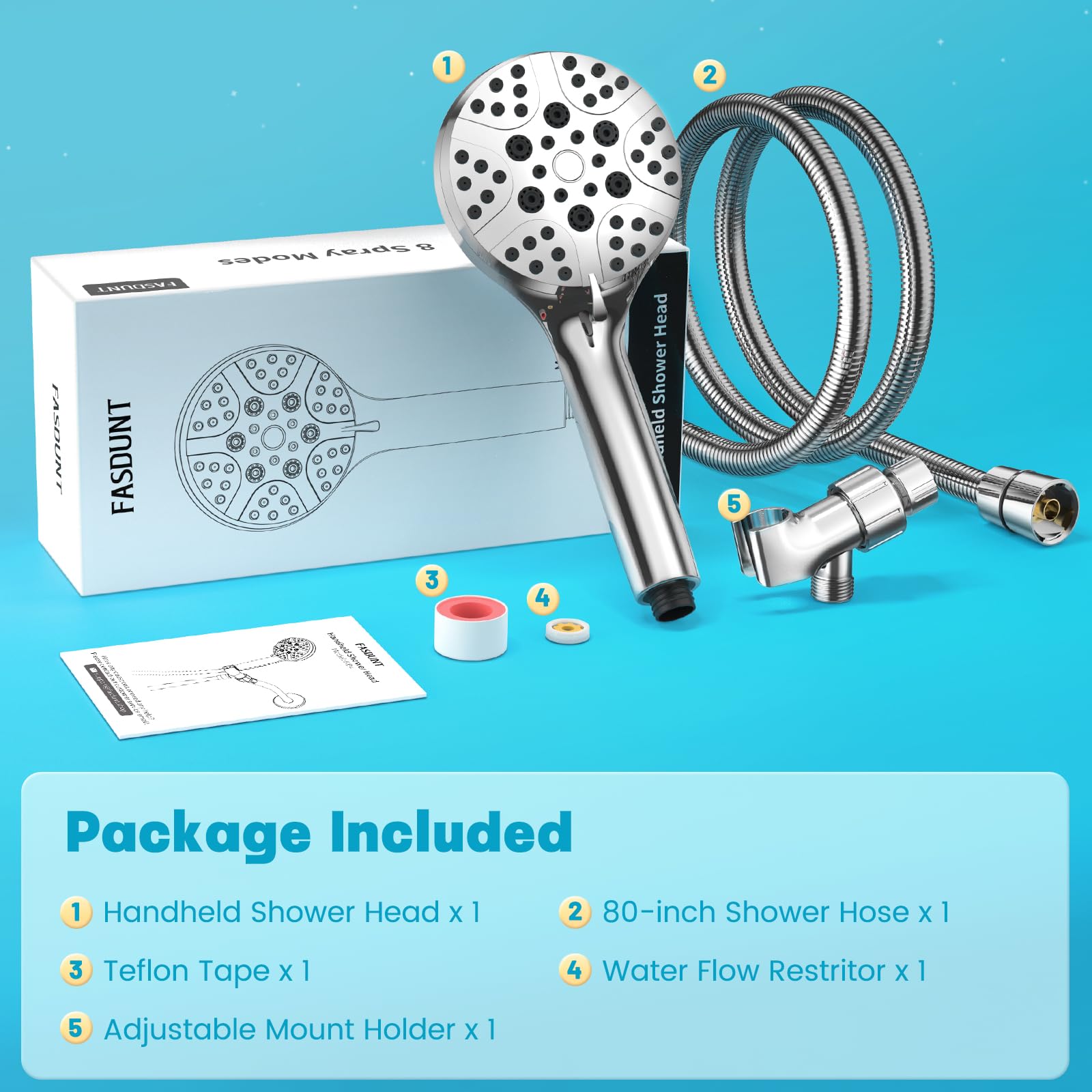 FASDUNT High Pressure Shower Head with 6 Spray Modes - Water Saving Rainfall Showerhead for Bathroom, Spa, and Relaxation - Perfect for Home, Hotel, and Gym Use