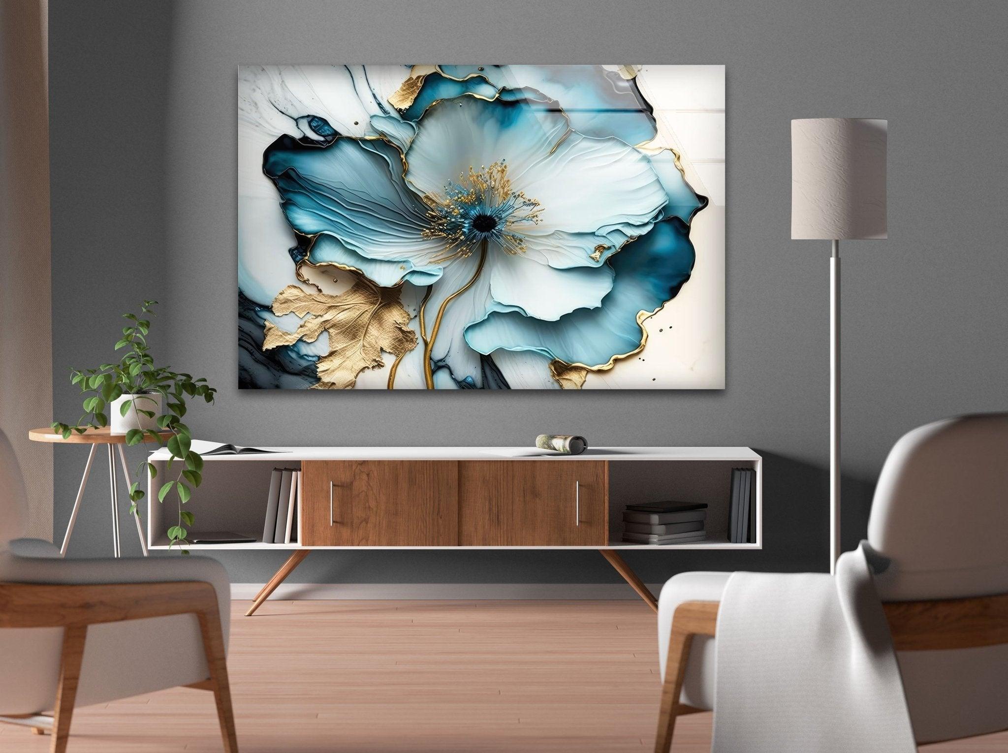 Abstract Blue Flower Glass Wall Art - Modern Handmade Decor for Living Room, Bedroom, Office - Elegant Home & Gift Idea for Housewarming, Wedding, Anniversary
