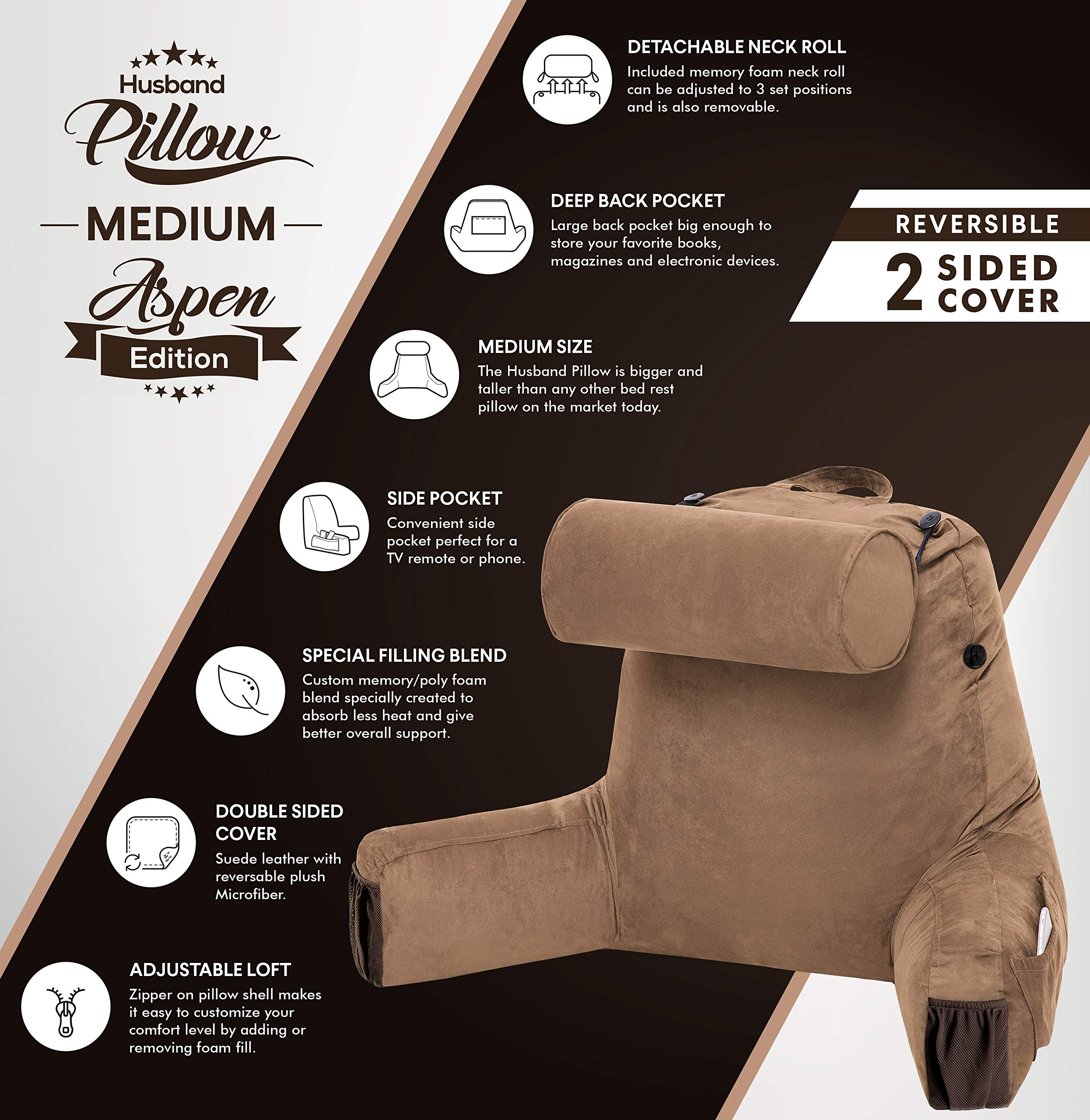 Husband Pillow Medium Aspen Edition - Saddle Brown Reading & Bed Rest Pillow with Arms, Ultra-Comfortable Memory Foam Backrest, Detachable Neck Roll (Reversible Microsuede/Plush) - Perfect for Sitting Up in Bed, Reading, Watching TV, or Recovering from Surgery