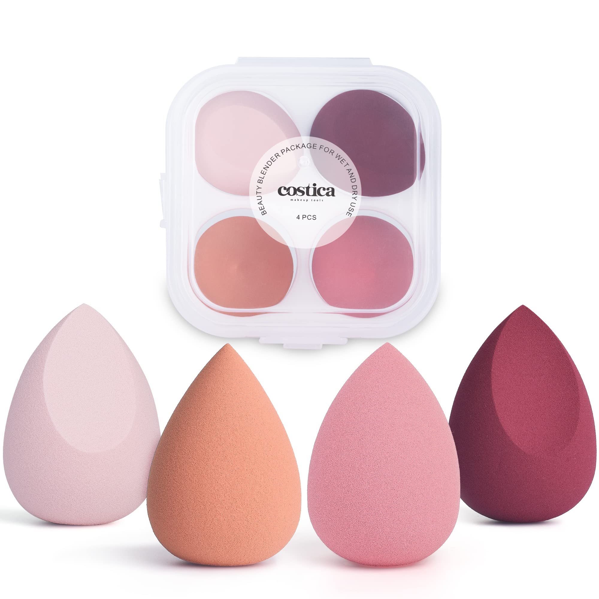 **COSTICA 4-Piece Makeup Sponge Set - Premium Beauty Blender for Flawless Foundation, Cream & Powder Application - Pink Cosmetic Sponge with Travel Storage Box - Ideal for Daily Makeup & Professional Use**