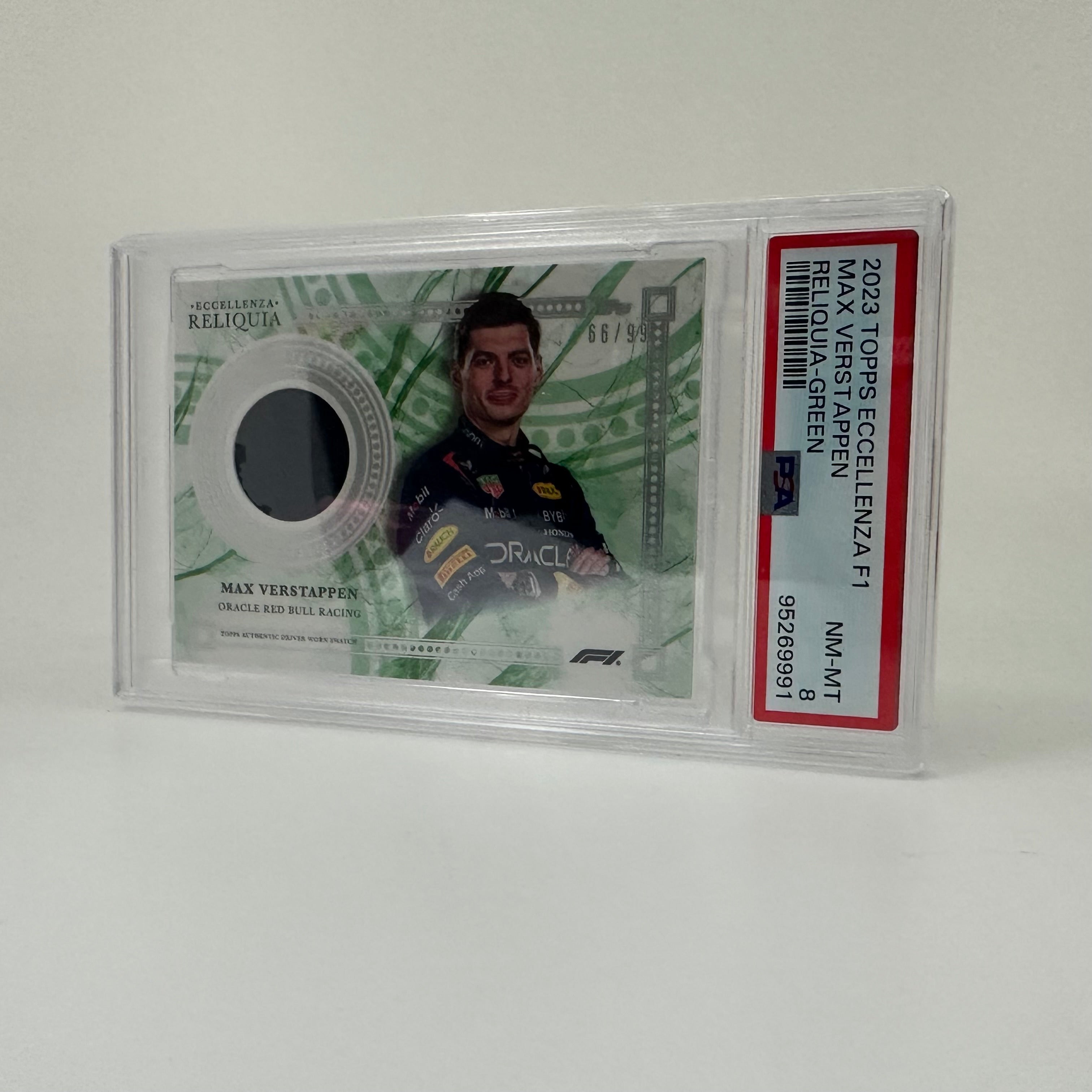 PSA 8 Graded 66/99 Max Verstappen Green 2023 Topps Eccellenza Relic Card - Perfect for F1 Collectors & Racing Memorabilia Displays
