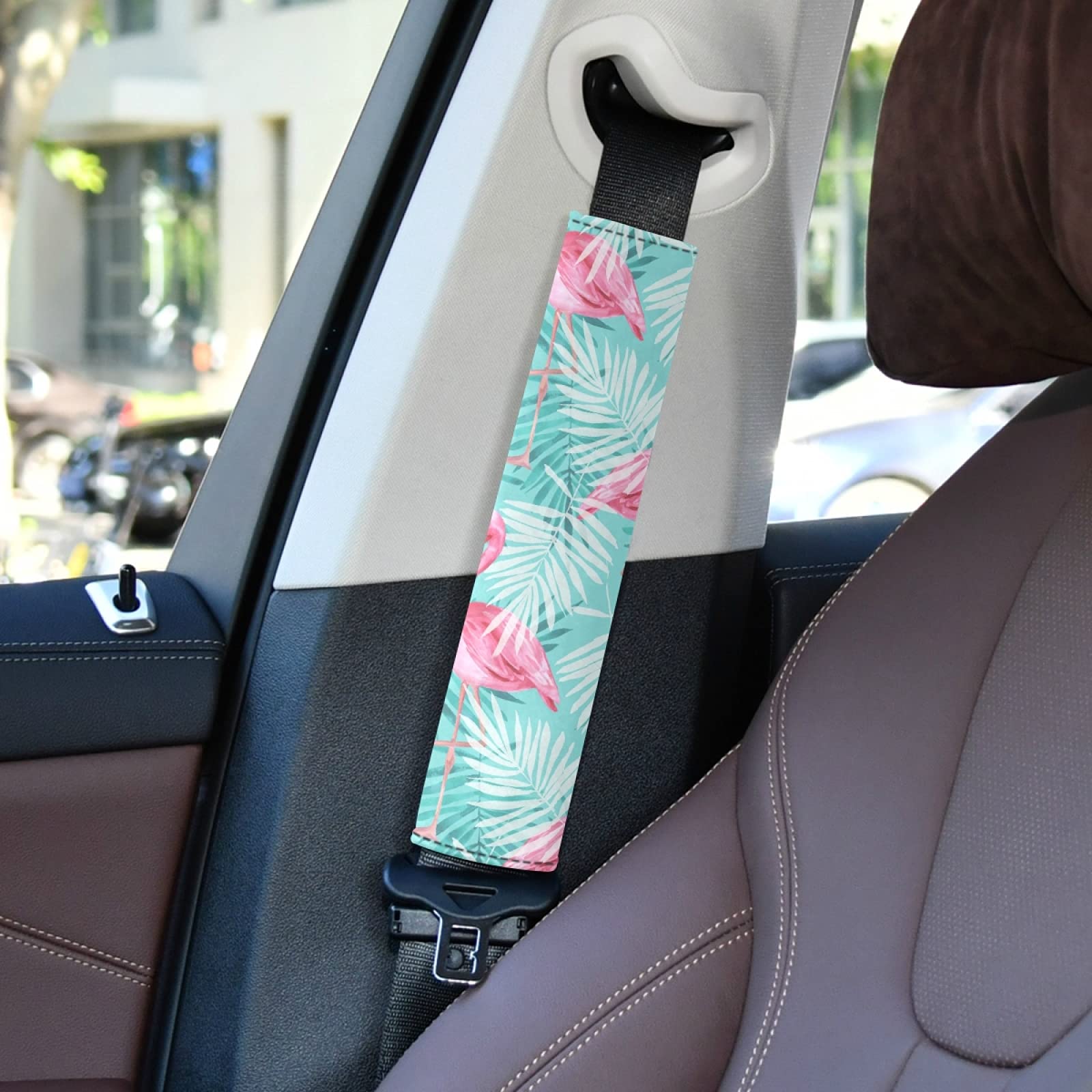 **Pink Flamingo Tropical Palm Leaves Adjustable Car Seat Belt Covers (2-Pack) – Universal Shoulder Strap Pads for Adults & Kids – Soft Comfort for Long Drives, Road Trips & Daily Commutes**