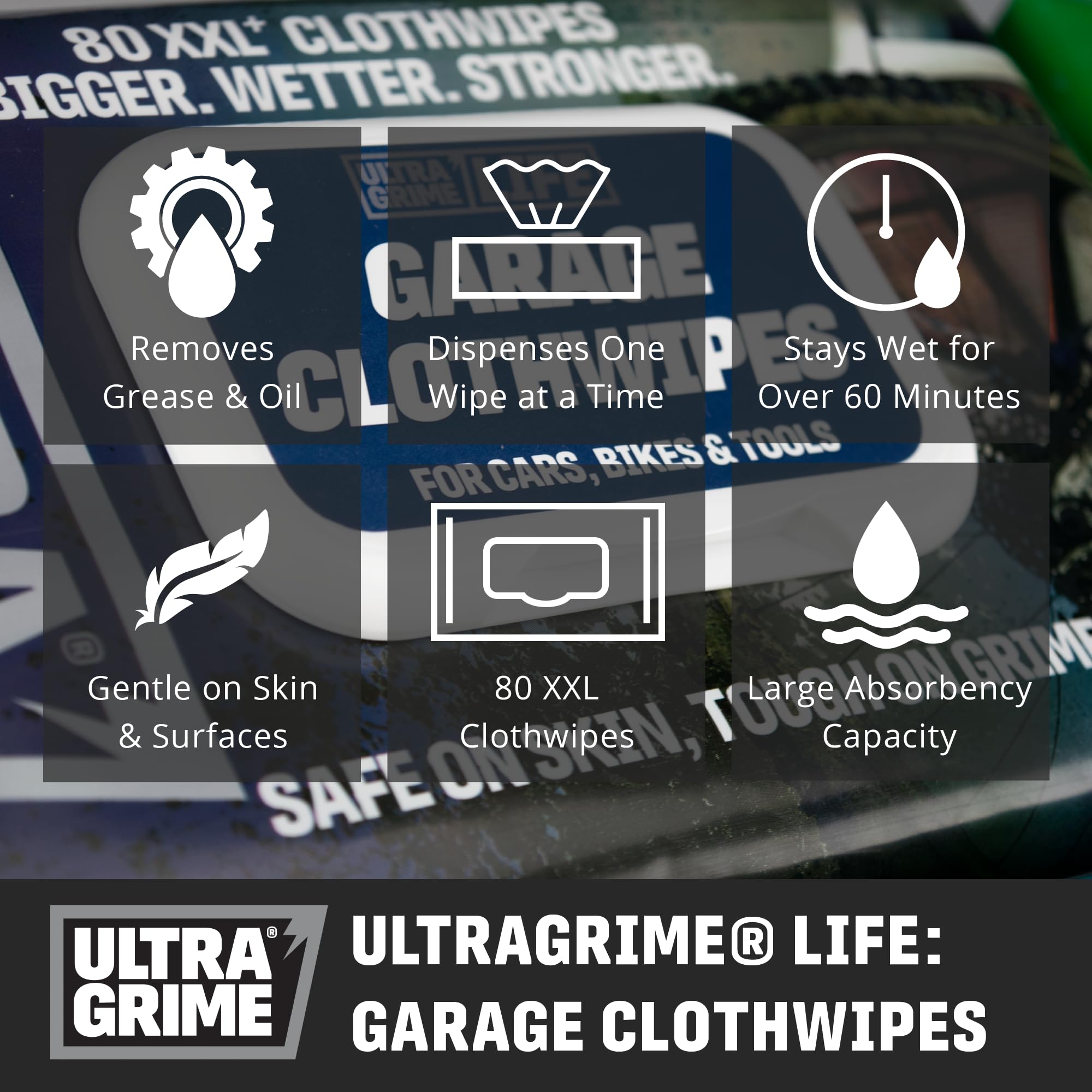 UltraGrime XXL Heavy Duty Cleaning Wipes - 80 Extra Thick Multi-Purpose Wipes for Garage, Bike, Car Dashboard & Leather Cleaning | Ideal for Auto Detailing, Workshop & Home Use