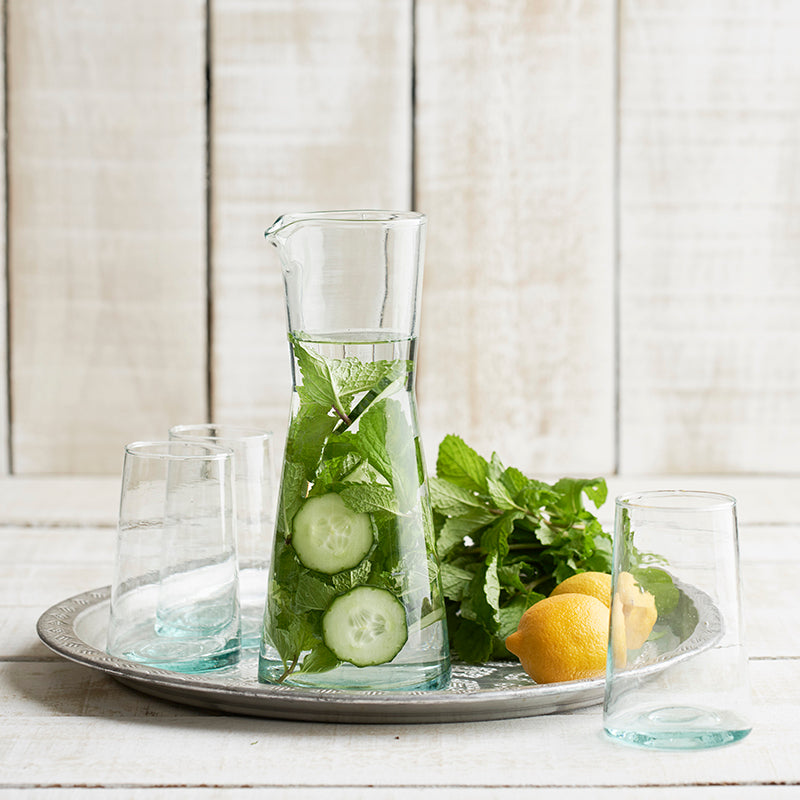 Clear Blue Flared Tall Glass Carafe 25cm - Elegant Water Pitcher for Home, Office, and Party Serving