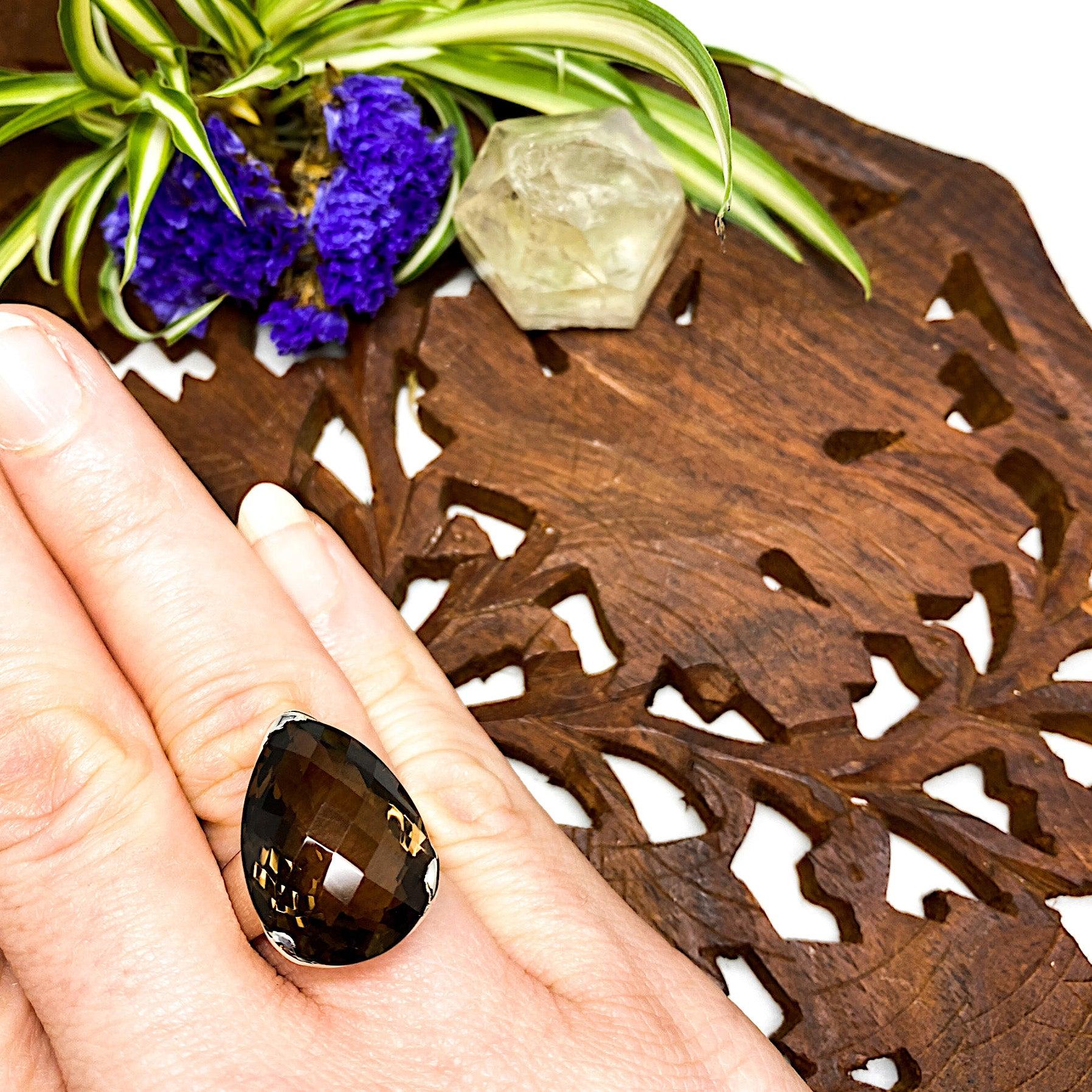 Natural Smokey Quartz Checkerboard Faceted Teardrop Pendant Necklace - 9.5mm Gemstone Jewelry for Women | Perfect for Meditation, Energy Healing & Boho Fashion