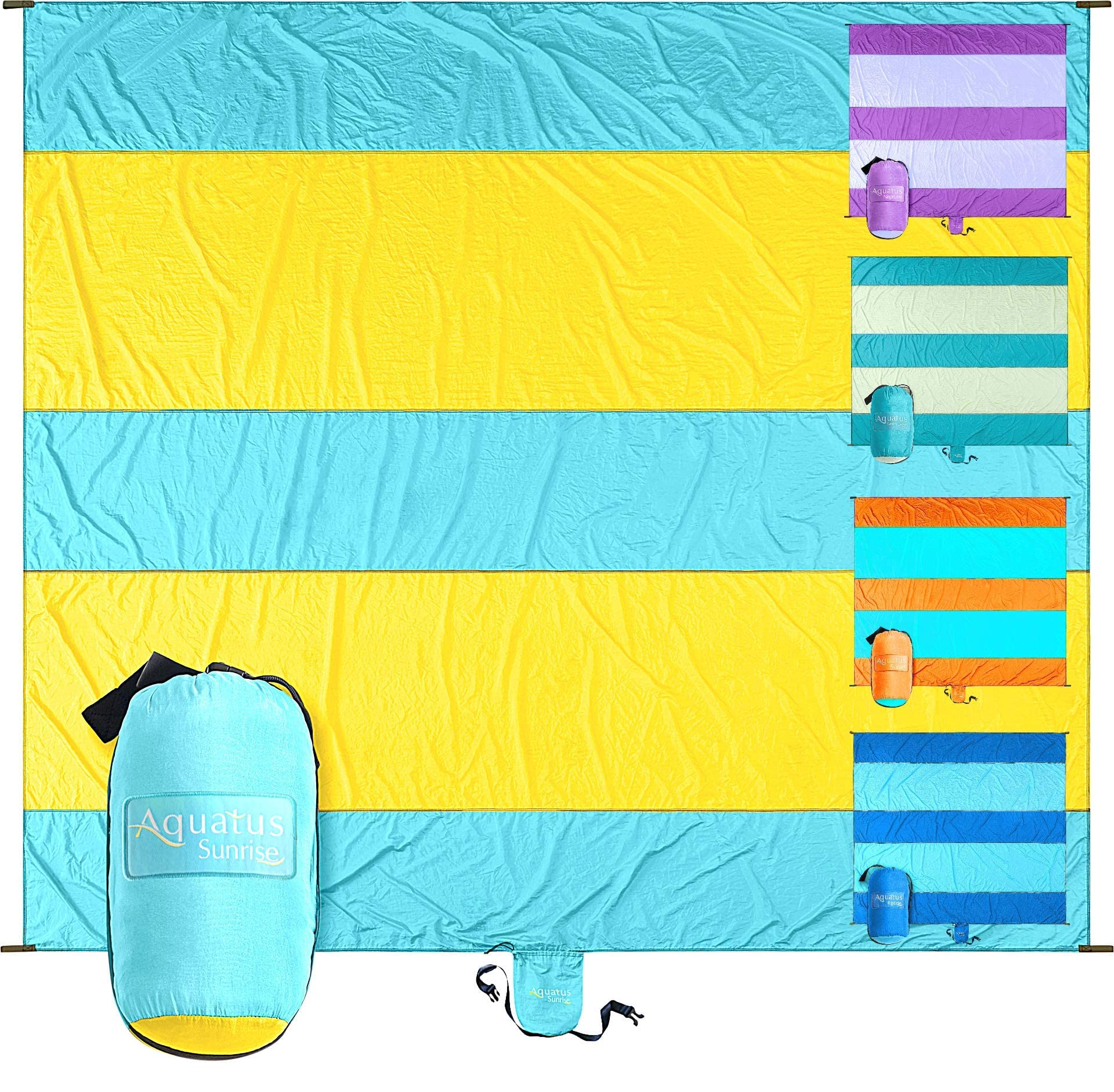 Extra Large 10ft x 9ft Sandproof Waterproof Quick Dry Beach Blanket - Portable Picnic Mat with 4 Metal Stakes & Corner Pockets for 1-8 Adults - Includes Carrying Bag & Secure Clip - Perfect for Beach, Park, Camping and Outdoor Activities