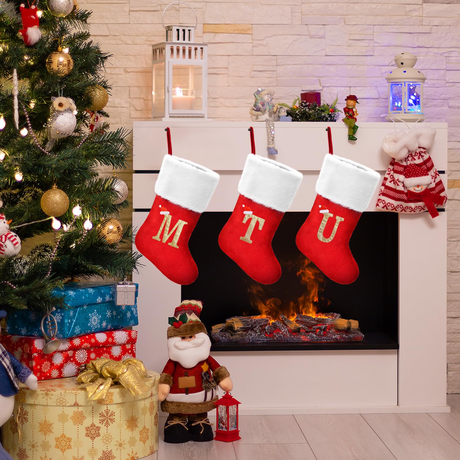 20 Inch Personalized Christmas Stockings with Monogram Letters - Large Red Velvet Stocking with Soft Plush Cuff & Embroidered Gold Initials - Holiday Decor for Fireplace, Xmas Tree, Party & Seasonal Home Decoration (L)