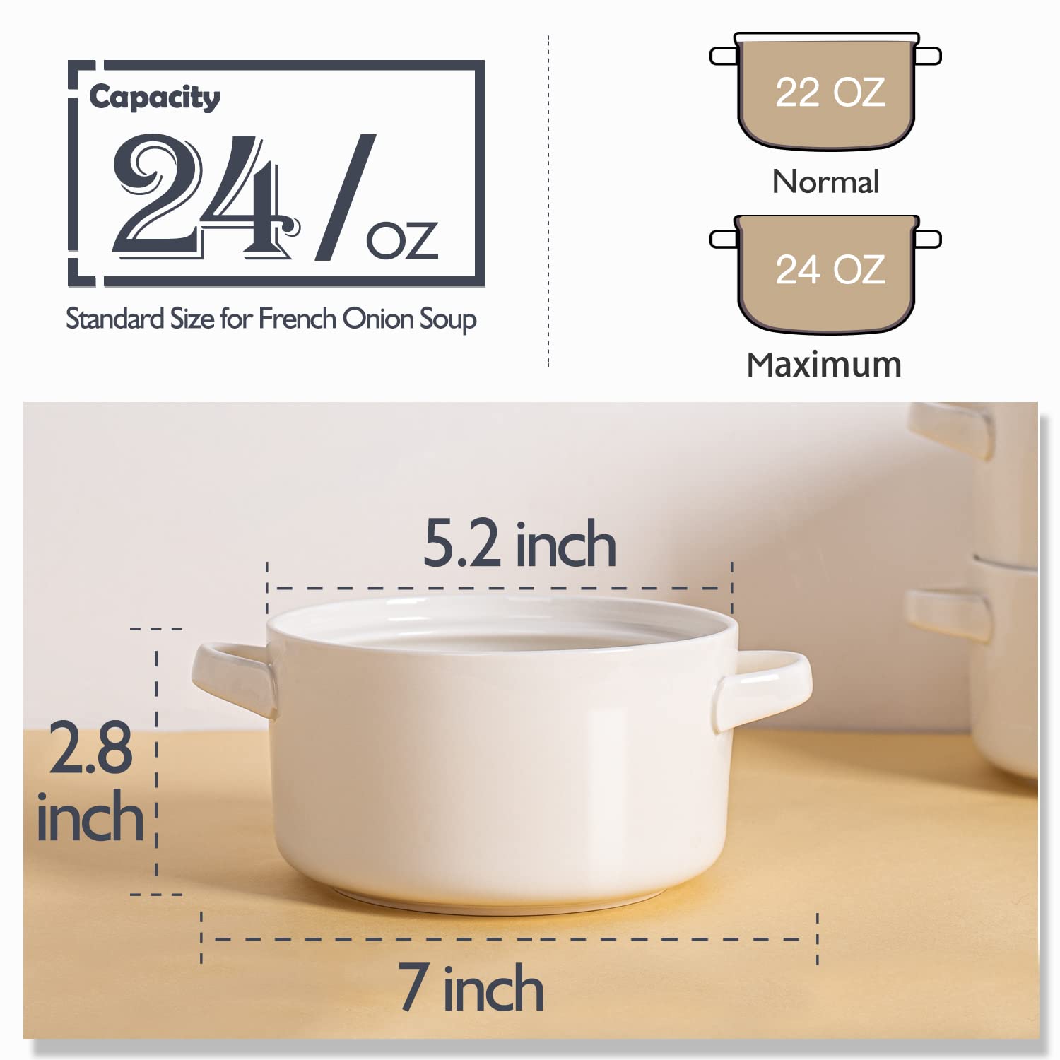 Delling 6-Pack 24oz Ceramic Soup Bowls with Handles - Large Serving Bowls for French Onion Soup, Chili, Stew & Cereal - Microwave & Oven Safe White Bowls - Perfect for Family Dinners, Restaurants & Entertaining