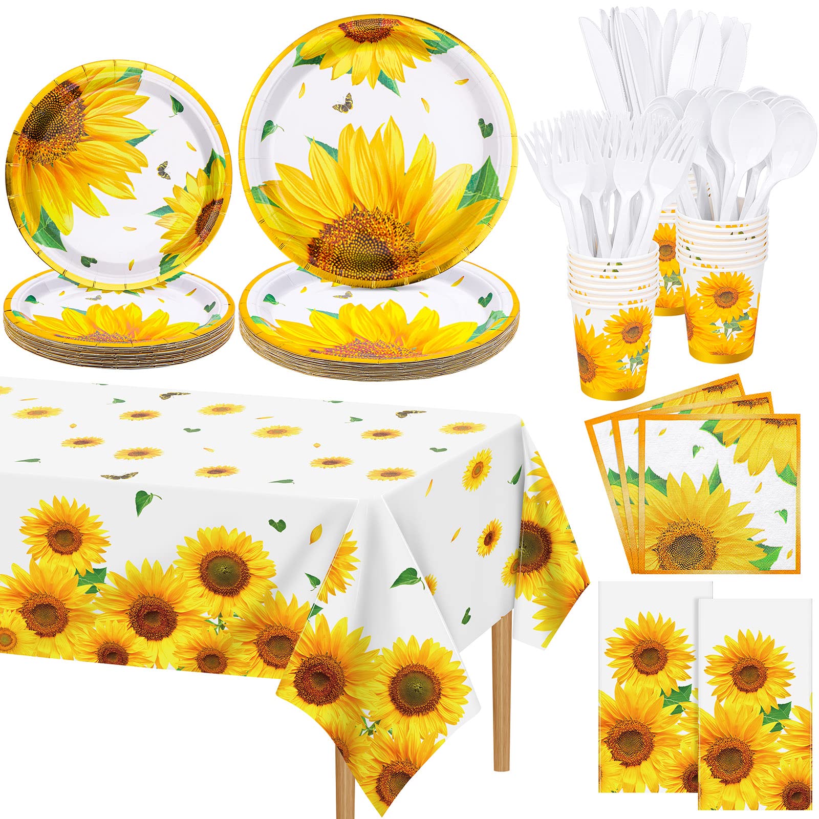 Durony Sunflower Party Supplies Set for 24 Guests - Disposable Tableware Kit with Paper Plates, Cups, Napkins, Tablecloth & Cutlery - Perfect for Birthday Parties, Baby Showers & Sunflower Themed Events - Great for Outdoor Picnics, Summer BBQs & Garden Gatherings