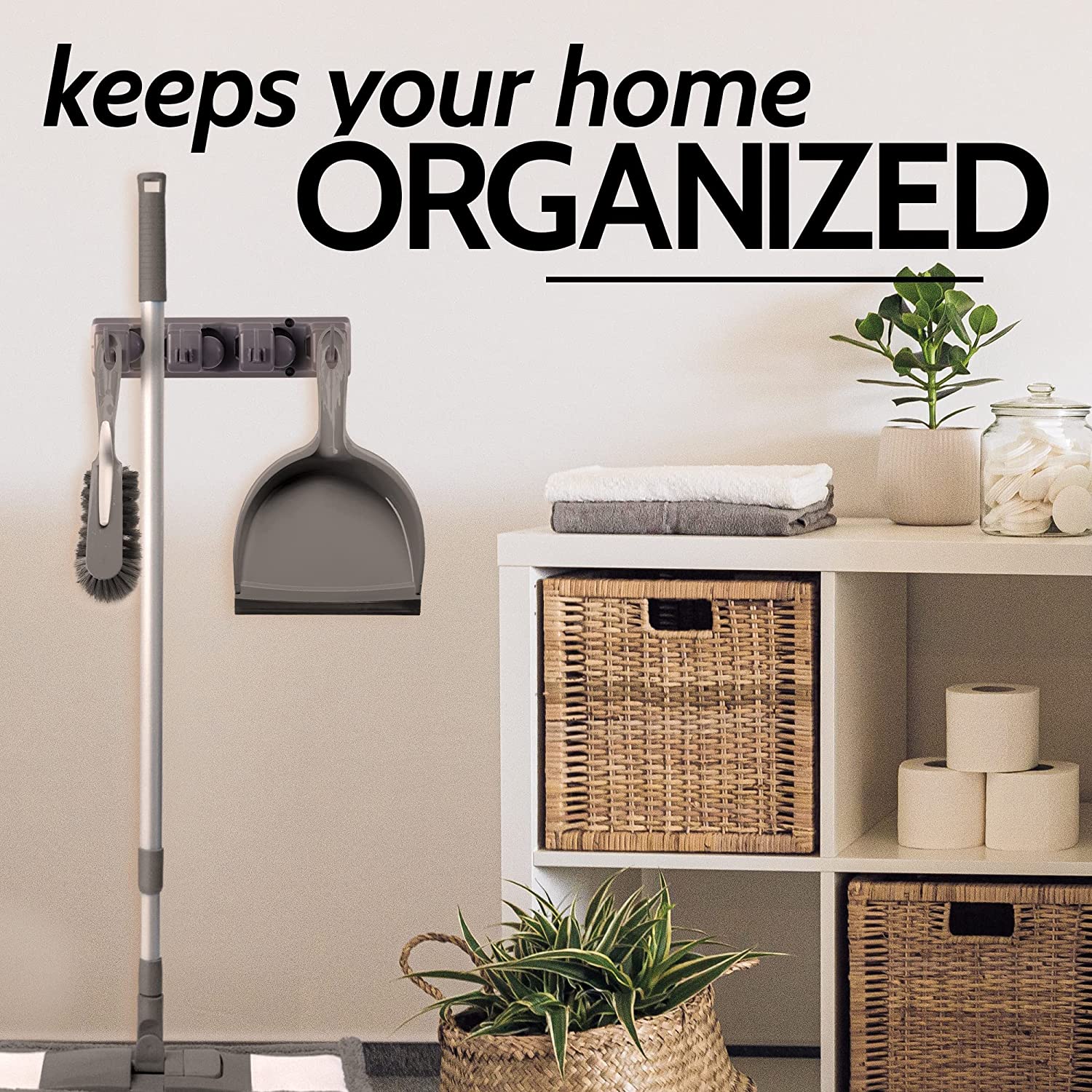 3-Slot Wall Mounted Organizer Utility Rack - Heavy Duty Mop Holder & Broom Hanger for Garage, Kitchen, Bathroom Storage - Space Saving Cleaning Tool Organizer for Home Organization