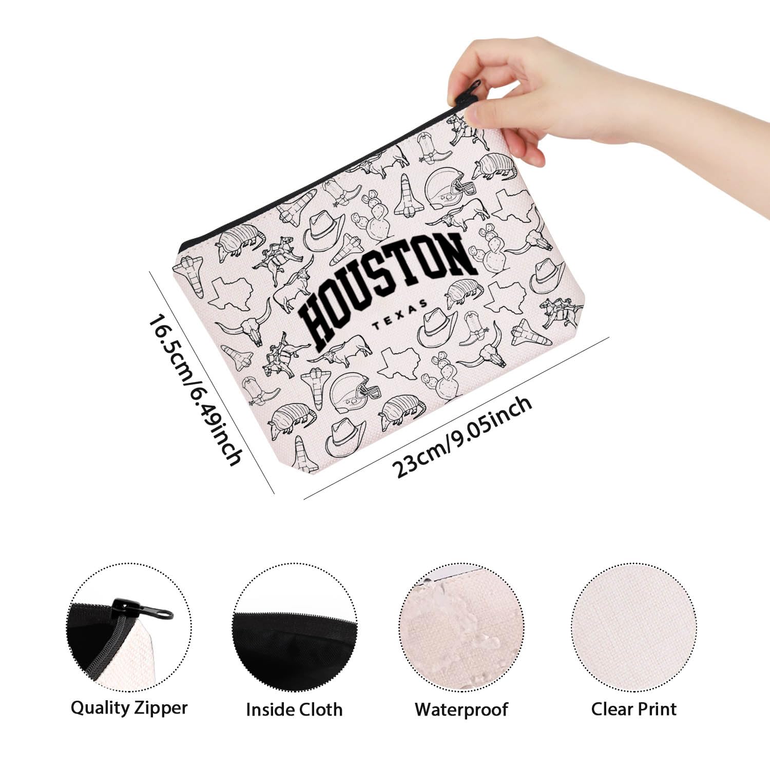 TSOTMO Houston Themed Cosmetic Bag - Waterproof Canvas Makeup Pouch for Travel & Toiletry Storage - Houston Texas Souvenir Gift for Women - Perfect for Vacation, Gym & Daily Organizer
