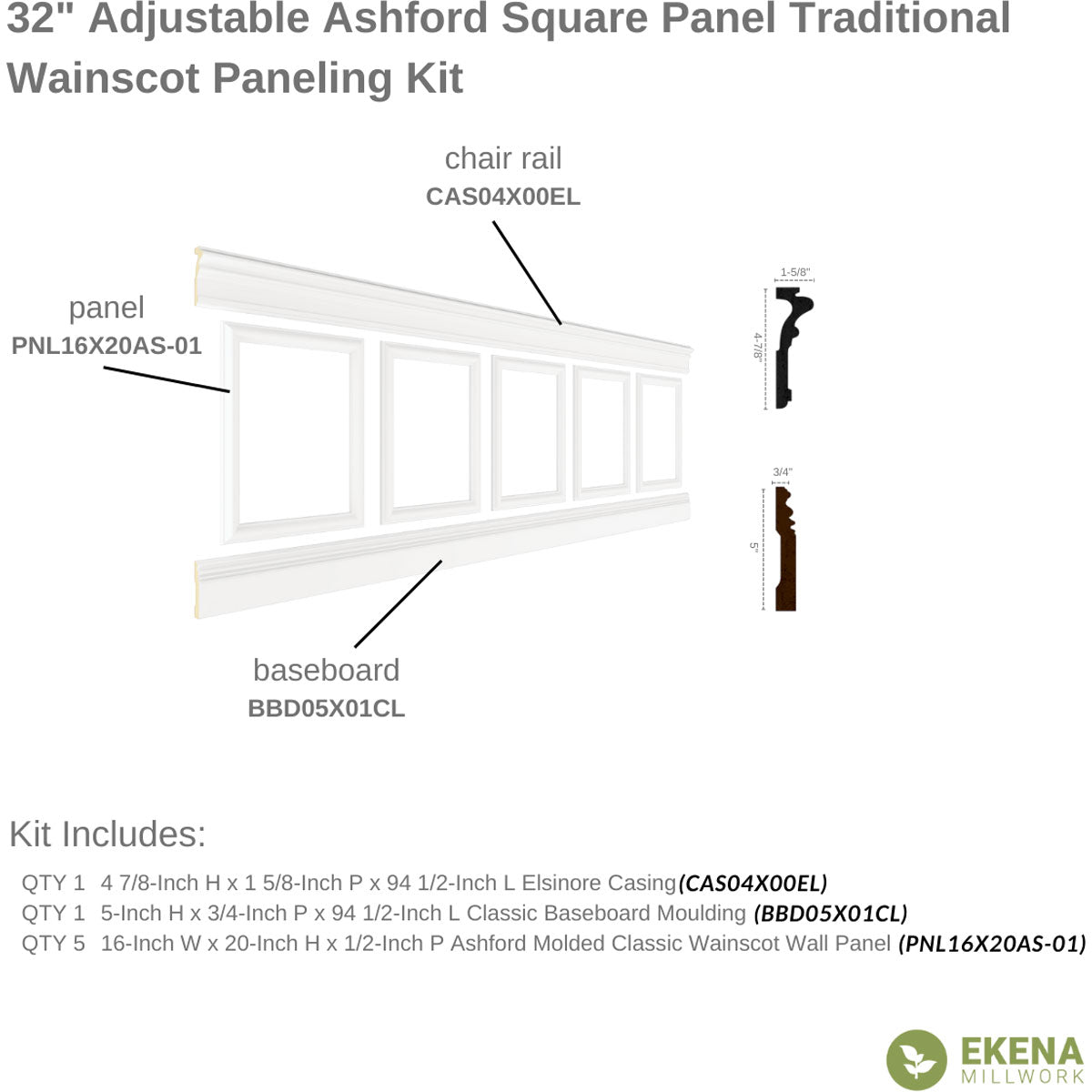 Ashford Traditional Wainscot Paneling Kit - 94.5 Inch Long Premium Wood Wall Paneling for Home & Office Decor | Easy DIY Installation for Living Room, Dining Room & Bedroom