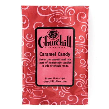 Churchill Coffee Caramel Candy Flavored Ground Coffee - 10 Single-Serve Portioned Packs (1.5 oz Each) - Perfect for Office, Home Brewing & Gifts