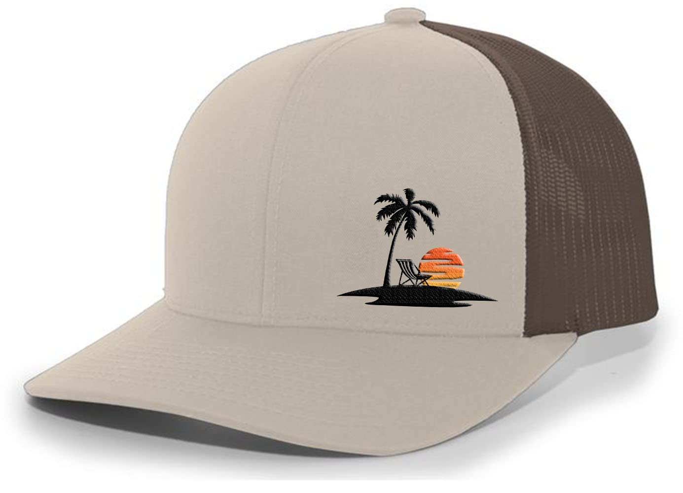 Stylish Tropical Palm Tree Sunset Beach Embroidered Mesh Back Trucker Hat - Perfect for Vacation, Summer Outfits & Outdoor Adventures