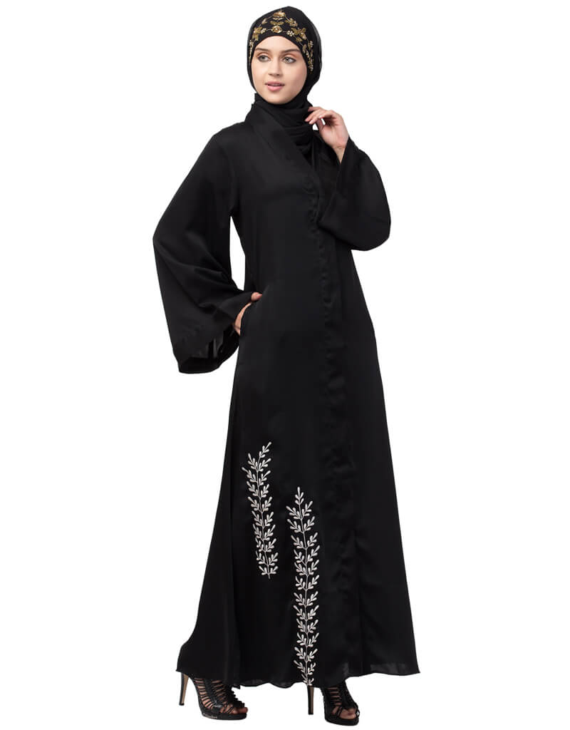 Elegant Black Dubai Abaya with Arabic Side Embroidery - Open Front Design for Women - Perfect for Prayer, Modest Fashion, and Special Occasions