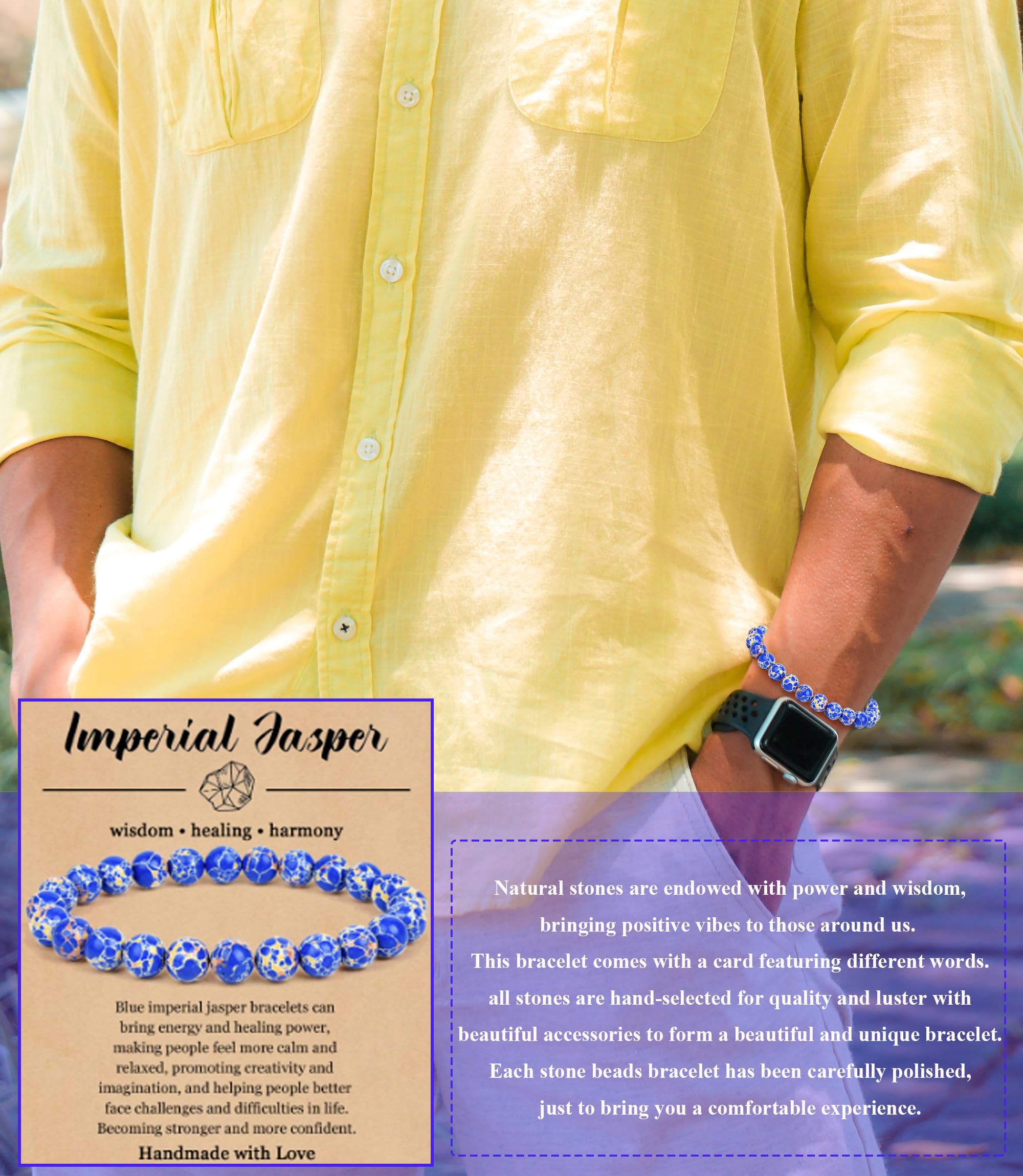 BOMAIL 9PCS Natural Crystal Bracelets for Women & Men - 8mm Semi-Precious Gemstone Beaded Stretch Bracelets, Healing Stone Yoga Jewelry for Meditation, Spiritual Gifts & Boho Fashion Accessories