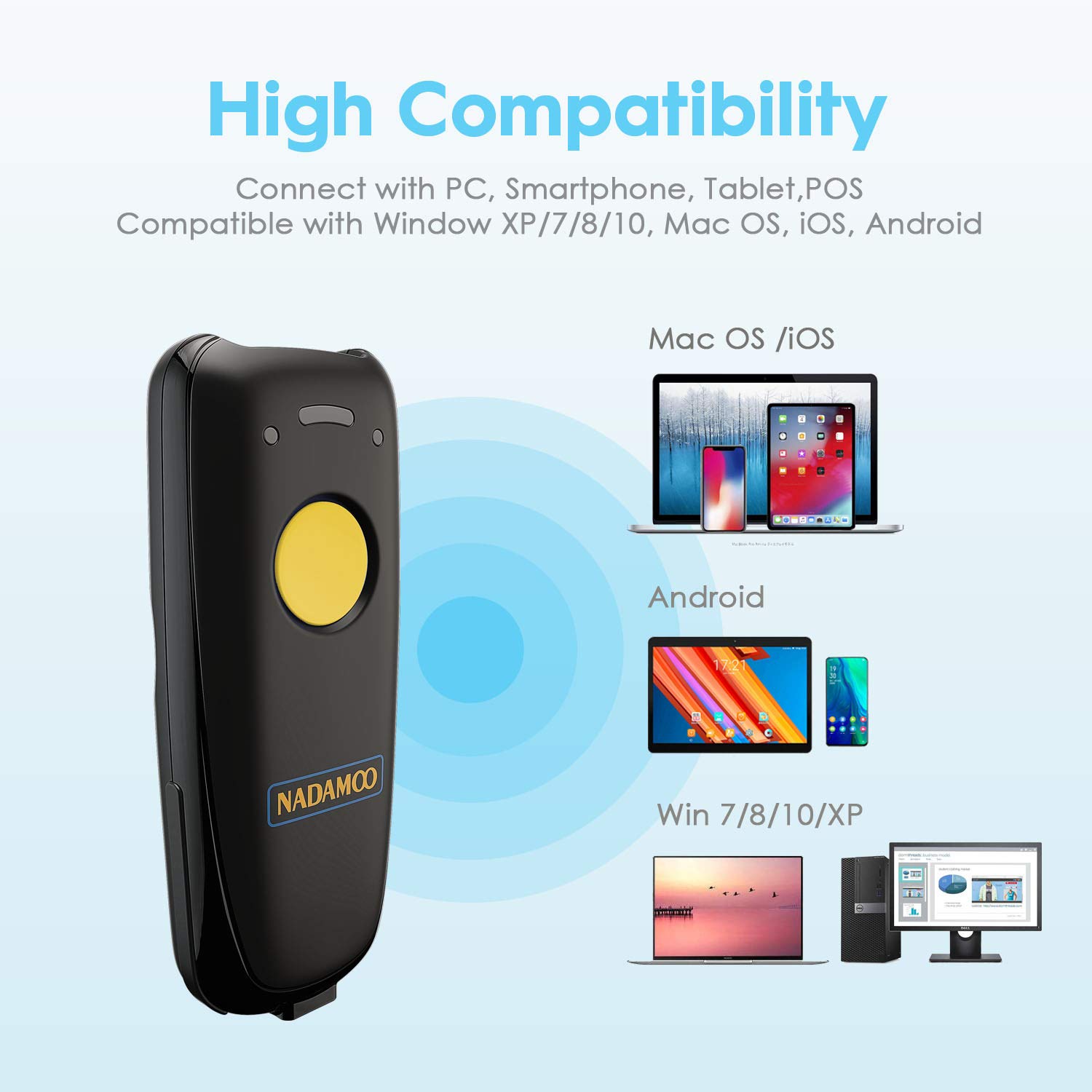 NADAMOO Wireless 2D Barcode Scanner - Bluetooth & USB Compatible, Portable 1D/2D QR Code Reader for Inventory Management, Retail, Warehouse - Works with iPhone, iPad, Android, iOS, PC & POS Systems - Includes Charging Dock - Perfect for Small Businesses & Stock Control