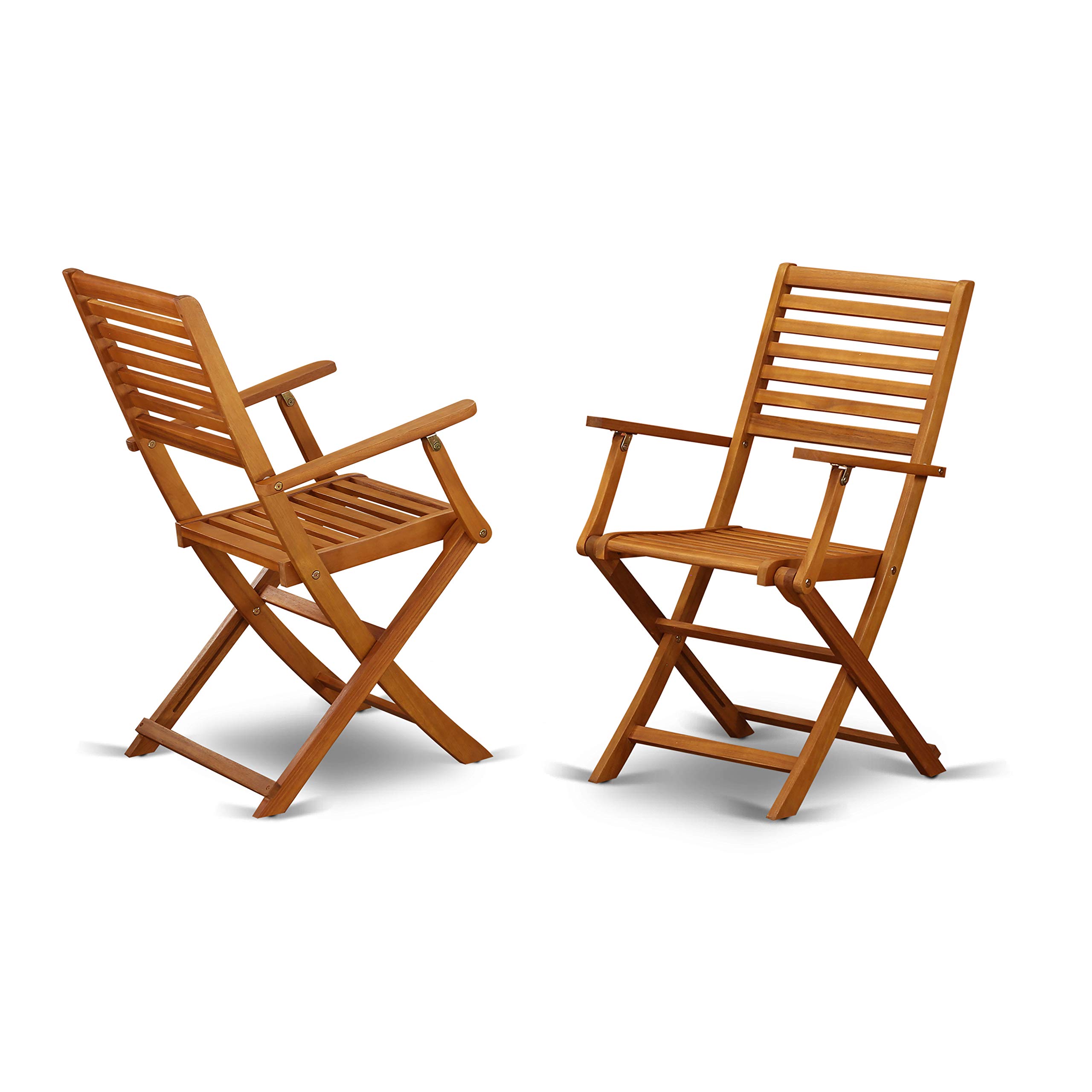 East West Furniture MNBS3CANA Marion 3-Piece Outdoor Patio Conversation Bistro Set - Round Acacia Wood Coffee Table & 2 Folding Arm Chairs, 30x30 Inch, Natural Oil Finish - Perfect for Garden, Balcony, and Backyard Relaxation