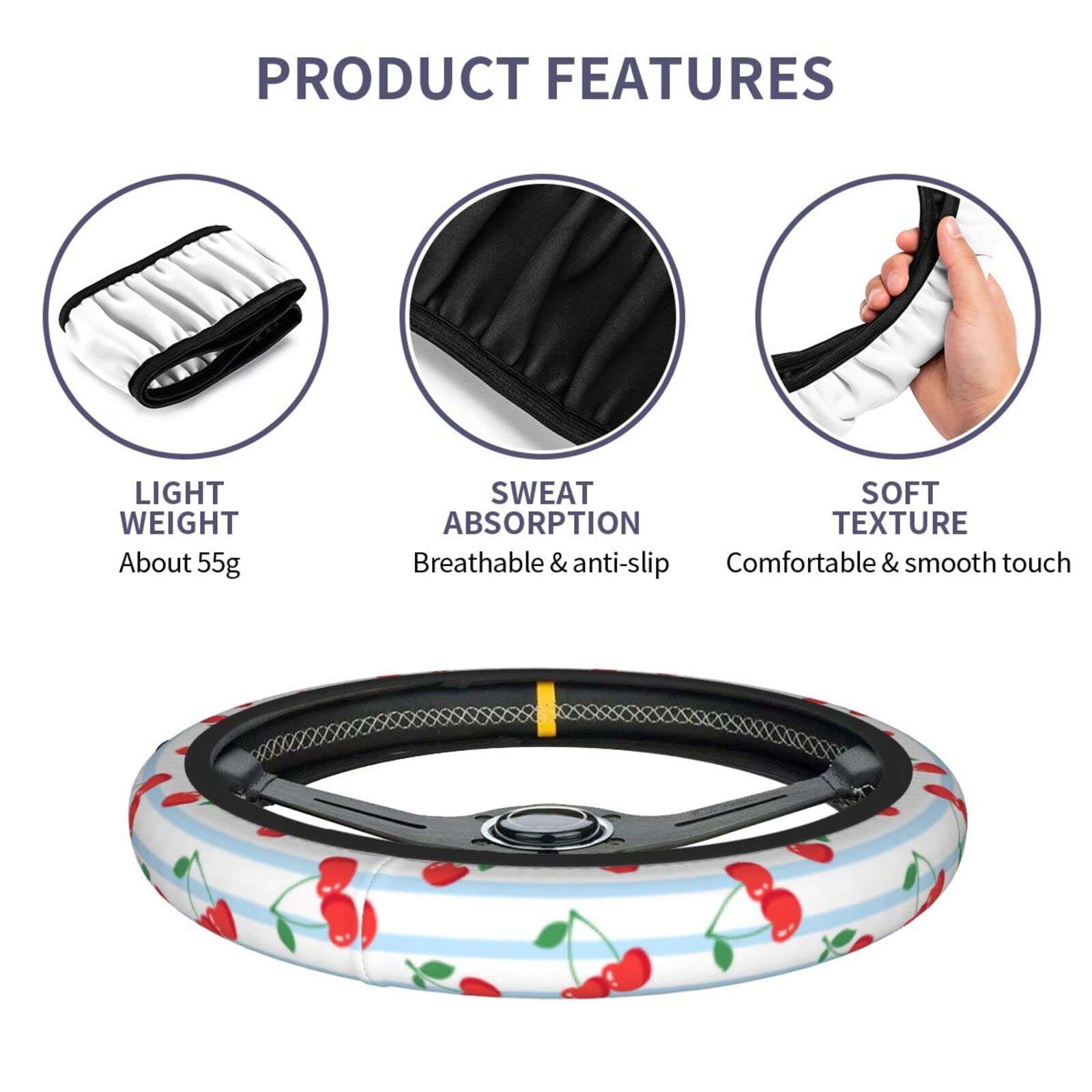 Cherry Print Neoprene Steering Wheel Cover - Universal 15 Inch Car Wheel Protector, Cute Automotive Accessories for Women - Perfect for Daily Commute, Road Trips & Gift Giving