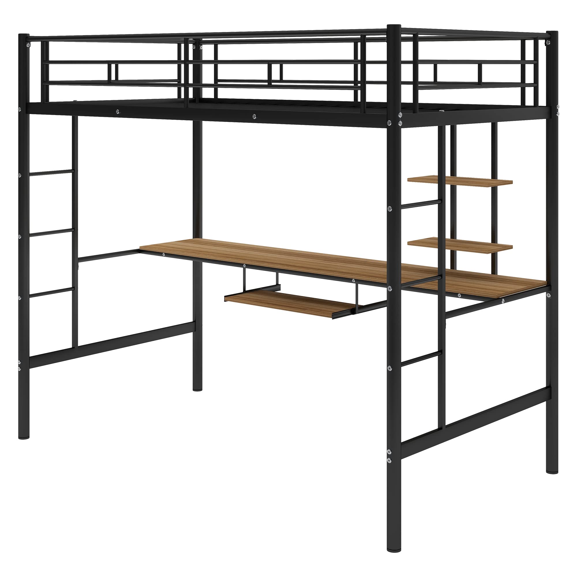 Merax Twin Size Metal Loft Bed with Long Desk & Keyboard Holder - Space-Saving Study Bed with 2 MDF Shelves, Full Guardrail & Ladder - Perfect for Small Rooms, Dorms & Home Offices (Black)